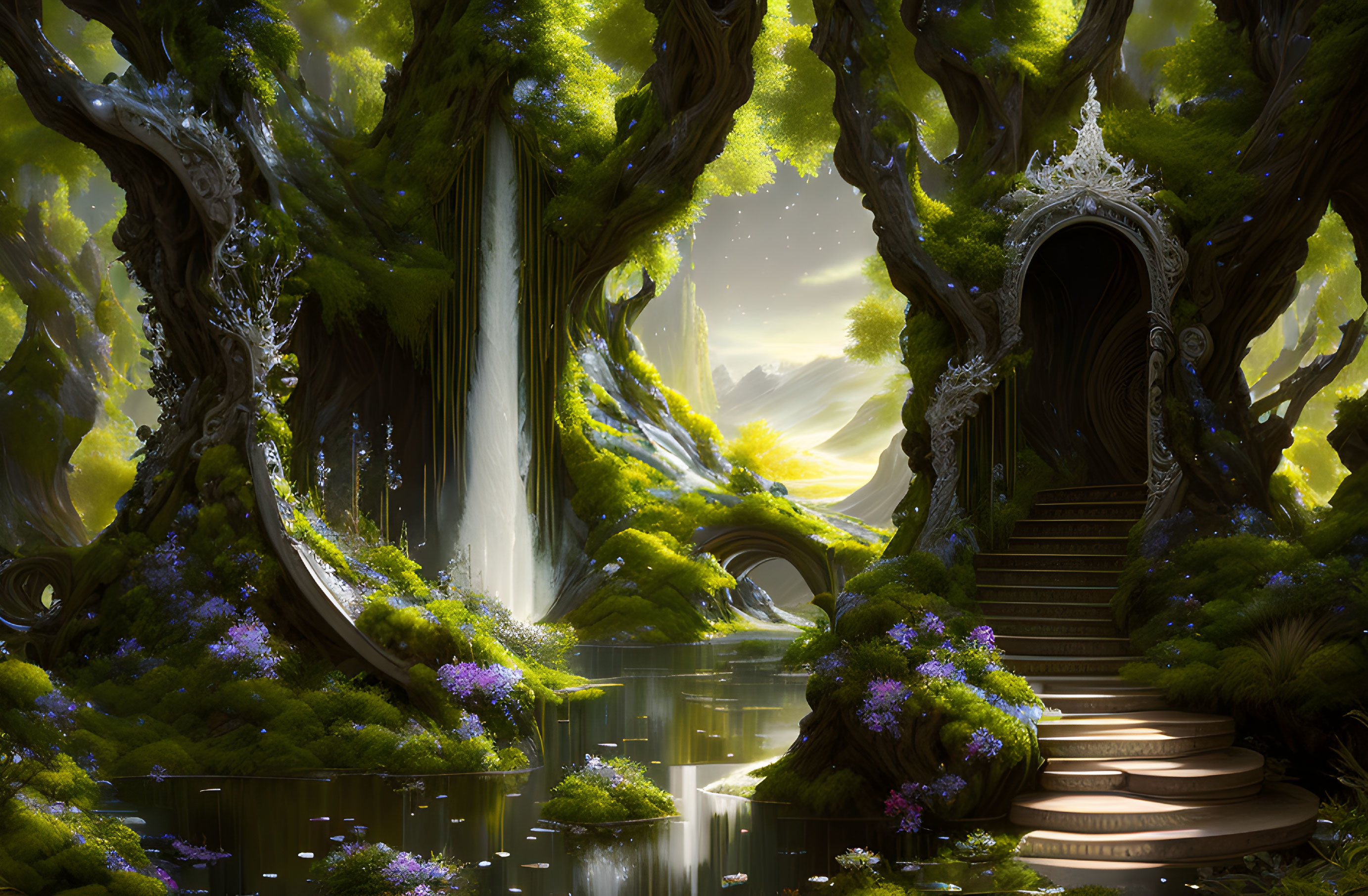 Lush Greenery, Waterfall, Mystical Tree Doorway, Purple Flowers & Water