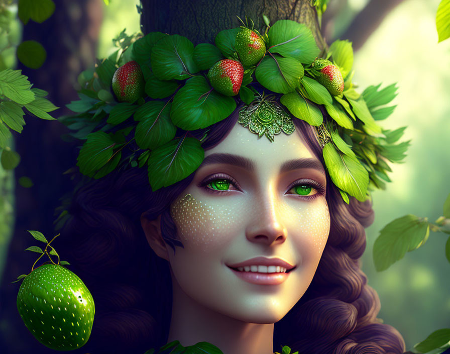 Digital artwork: Woman with strawberry plant wreath, smiling in sunlit foliage.