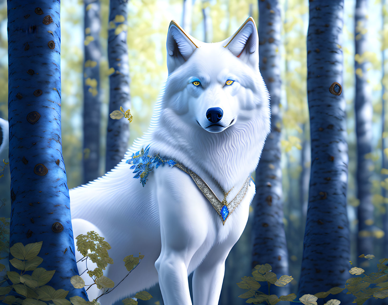 White Wolf with Blue Eyes in Mystical Blue Forest surrounded by Butterflies