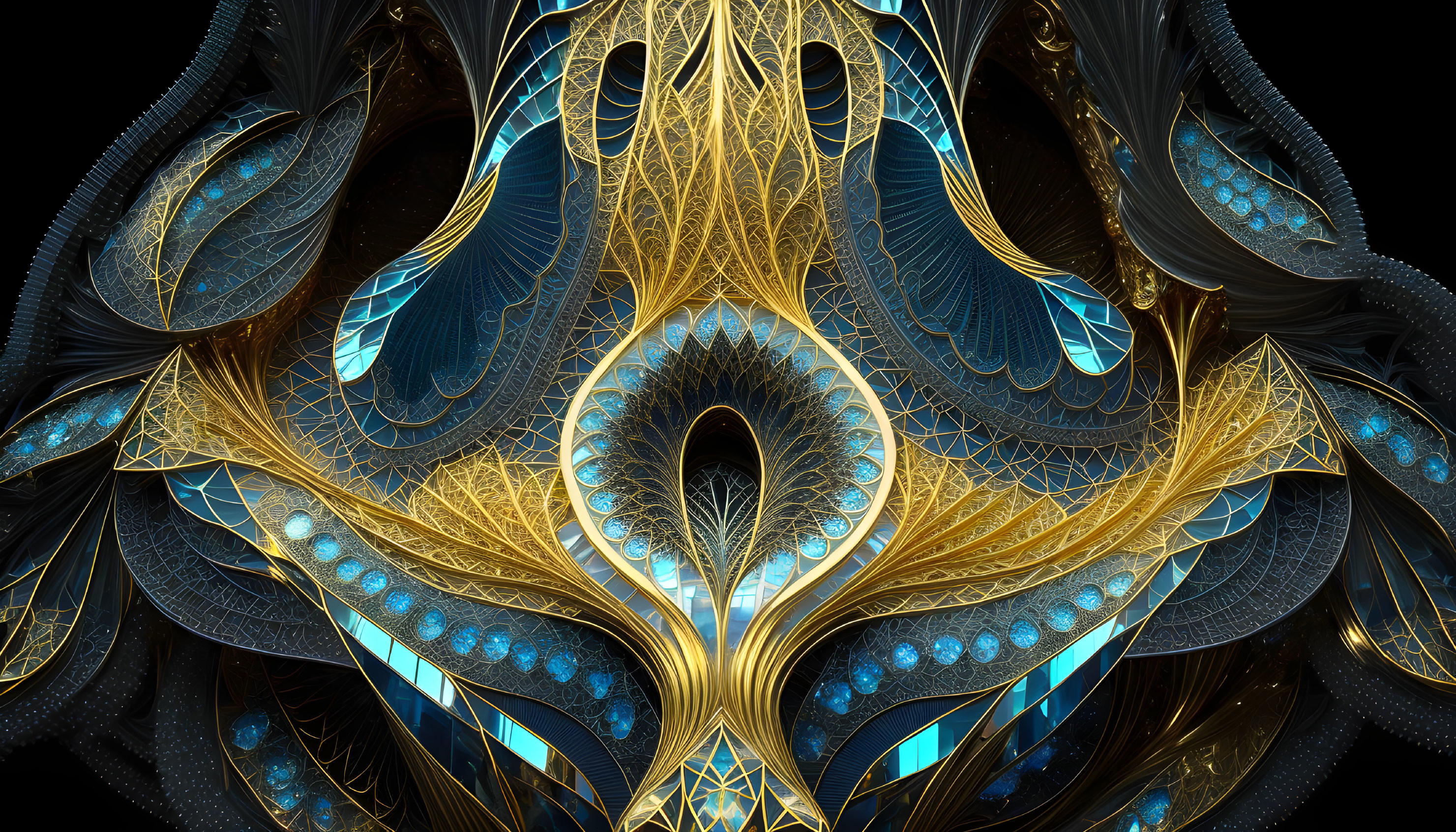 Intricate gold and blue fractal design on dark background