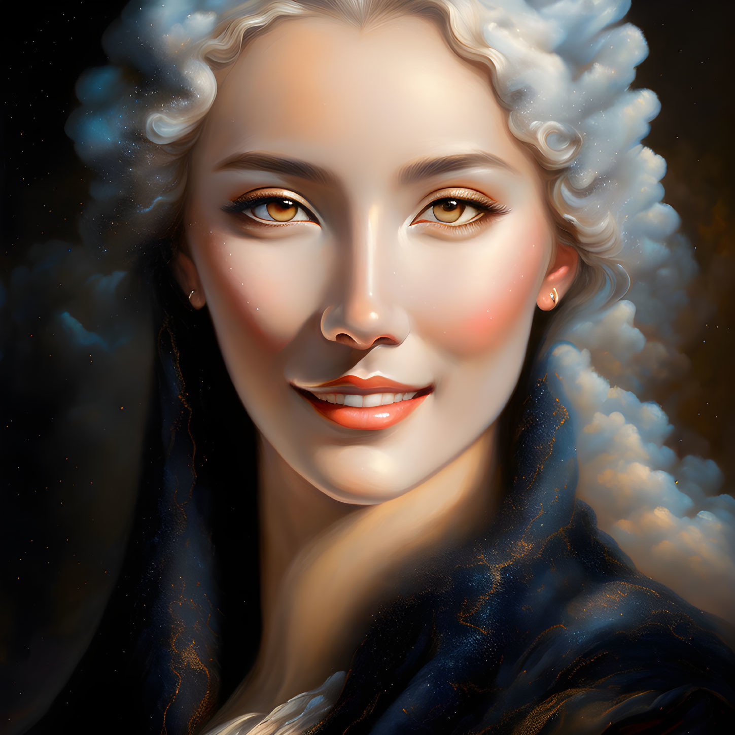 Digital painting of woman with porcelain skin, white curly hair, brown eyes, rosy cheeks, red