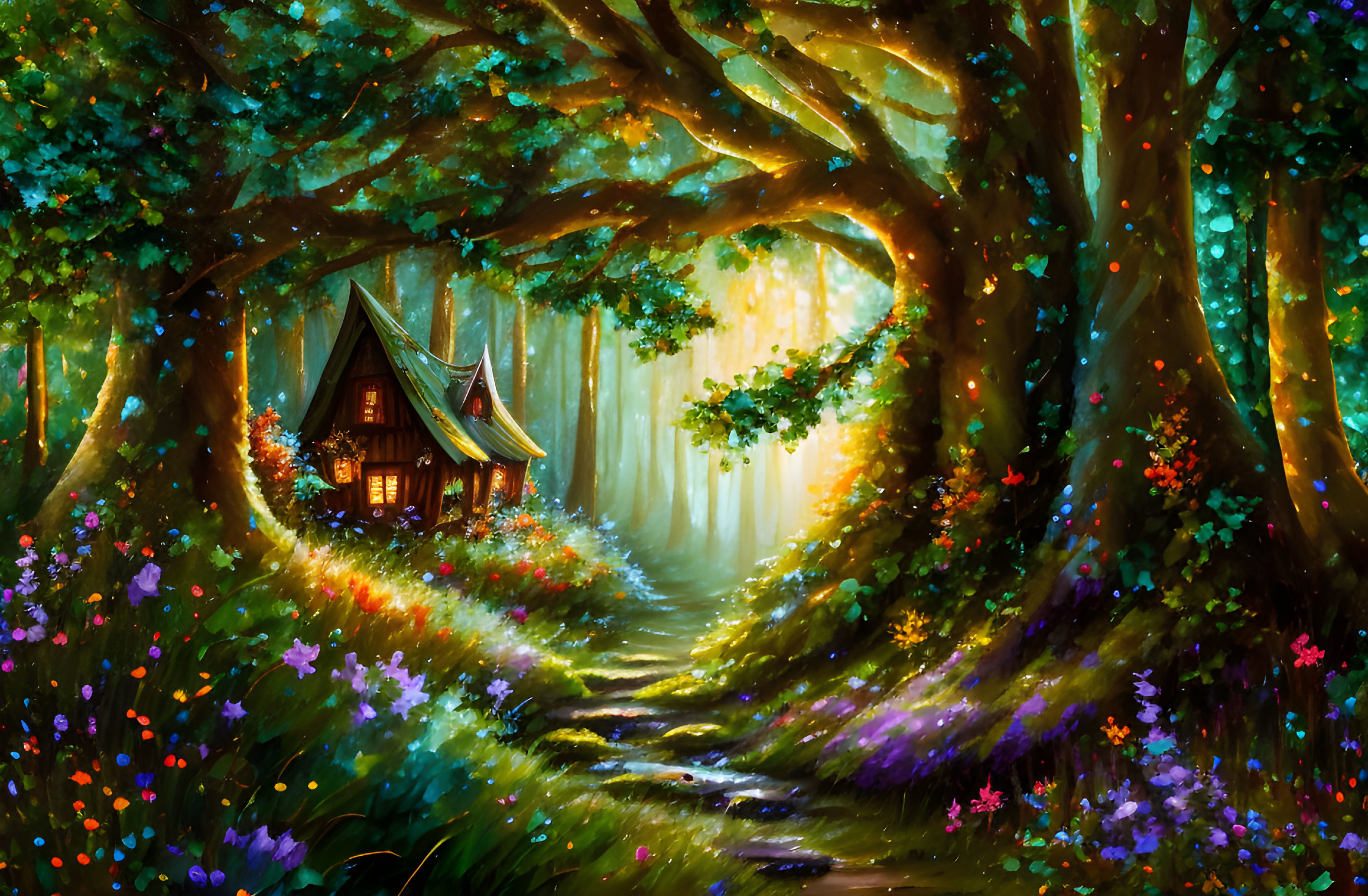 Enchanted forest cottage with vibrant flowers and soft light