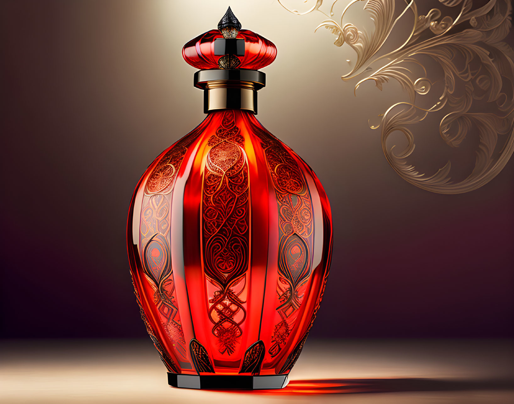 Red perfume bottle with gold details and black cap on floral pattern background