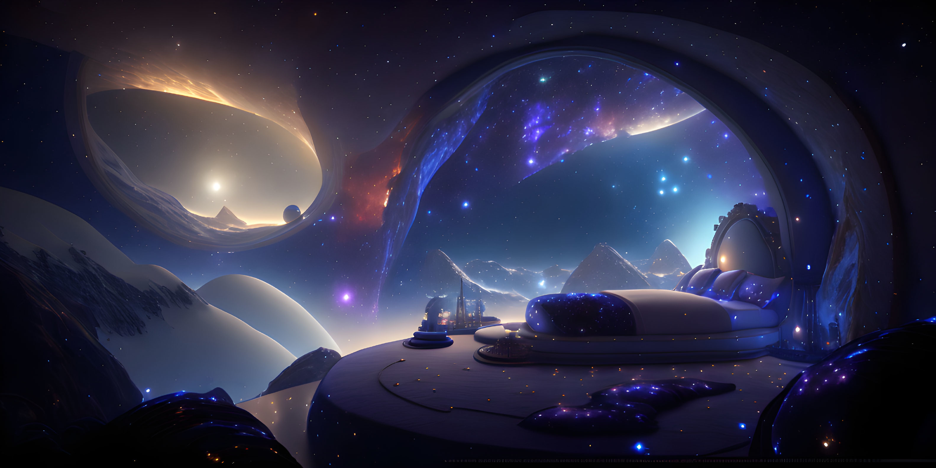 Futuristic bedroom with cosmic landscape view.