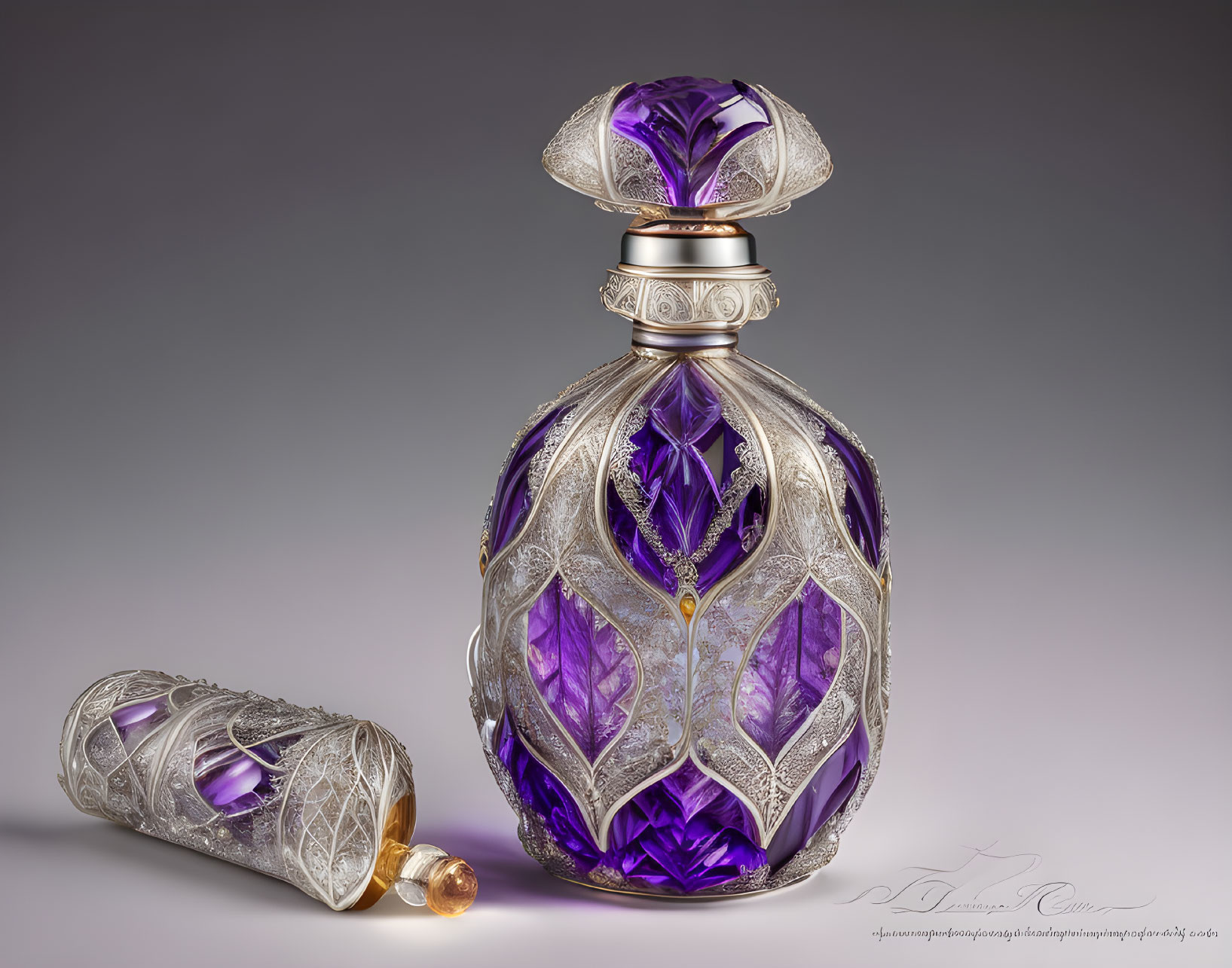 Purple and Silver Ornate Perfume Bottle with Matching Cap on Gradient Background