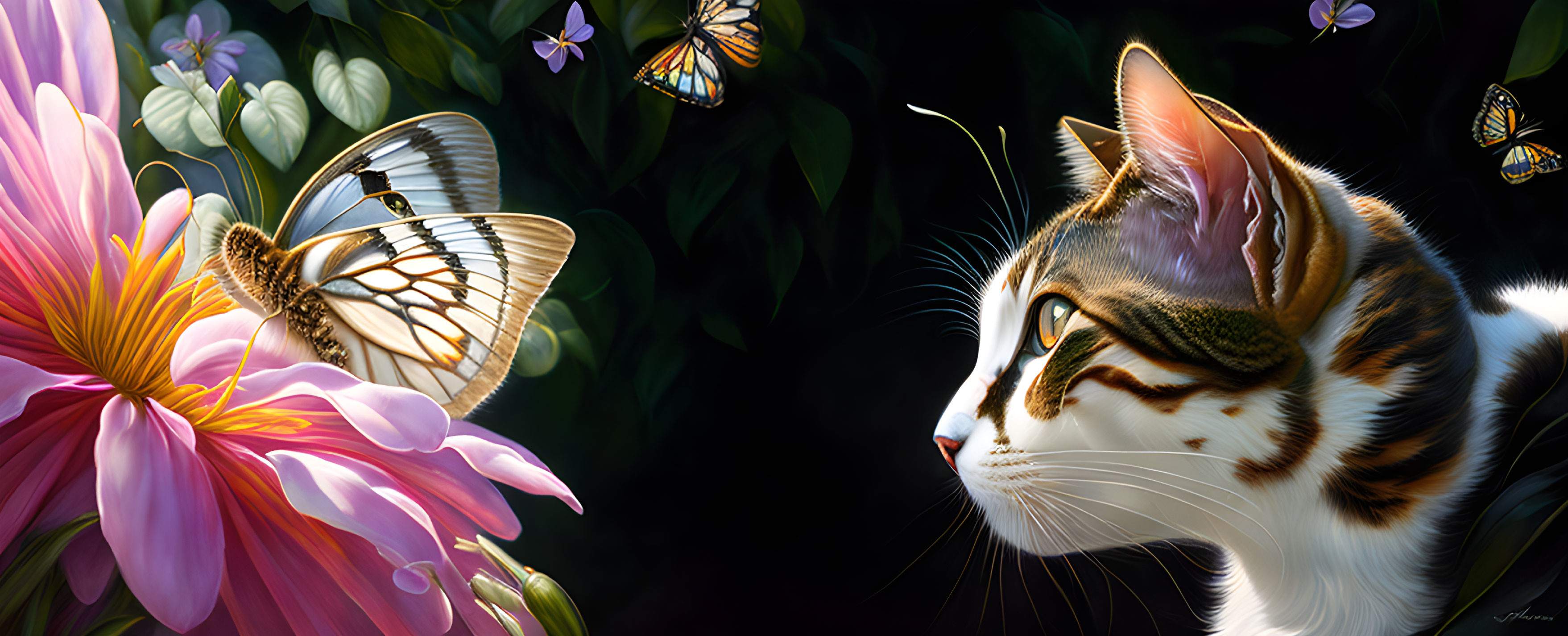 Striking fur cat observes butterflies near vibrant pink flower in serene setting