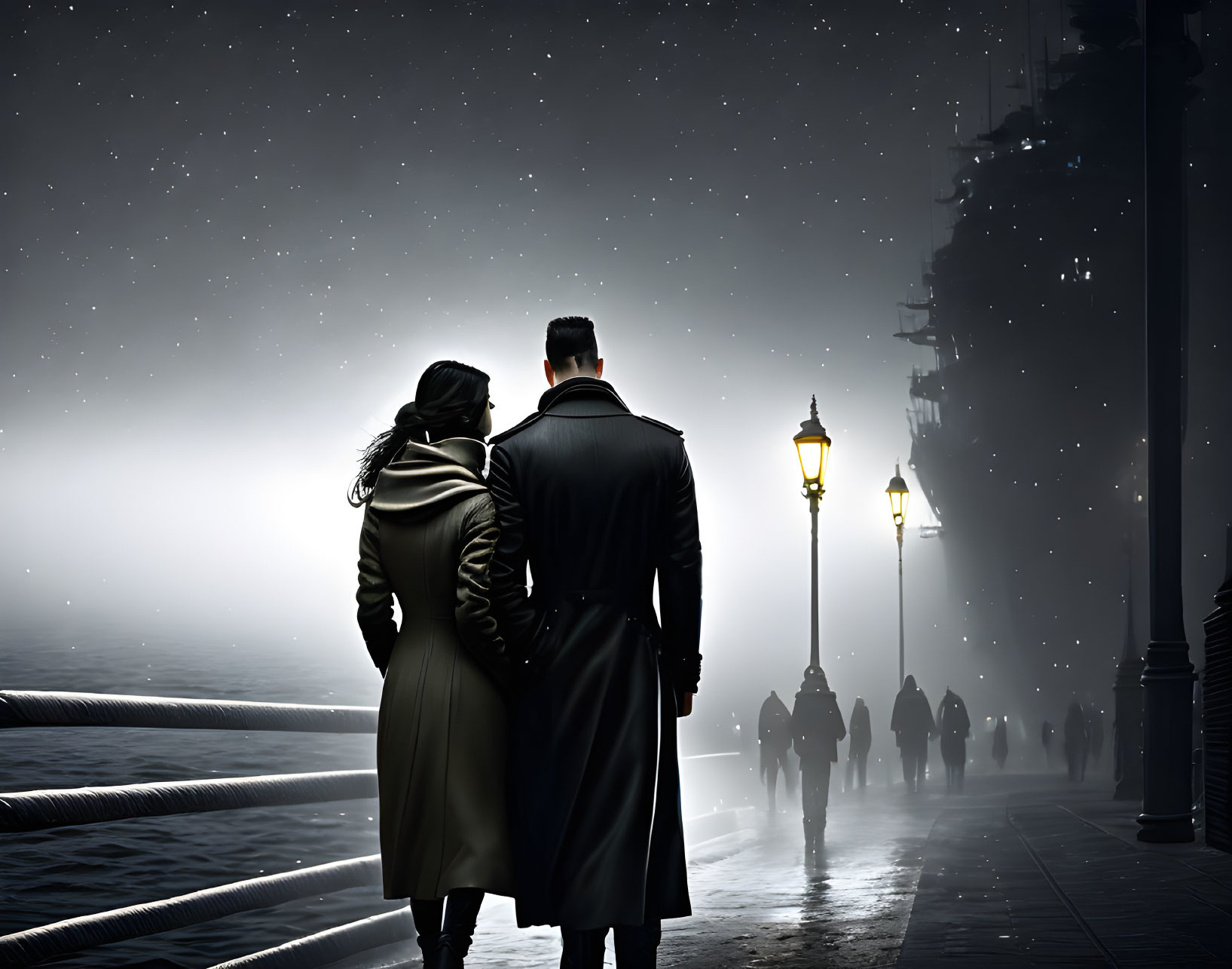 Nighttime foggy promenade scene with couple overlooking river