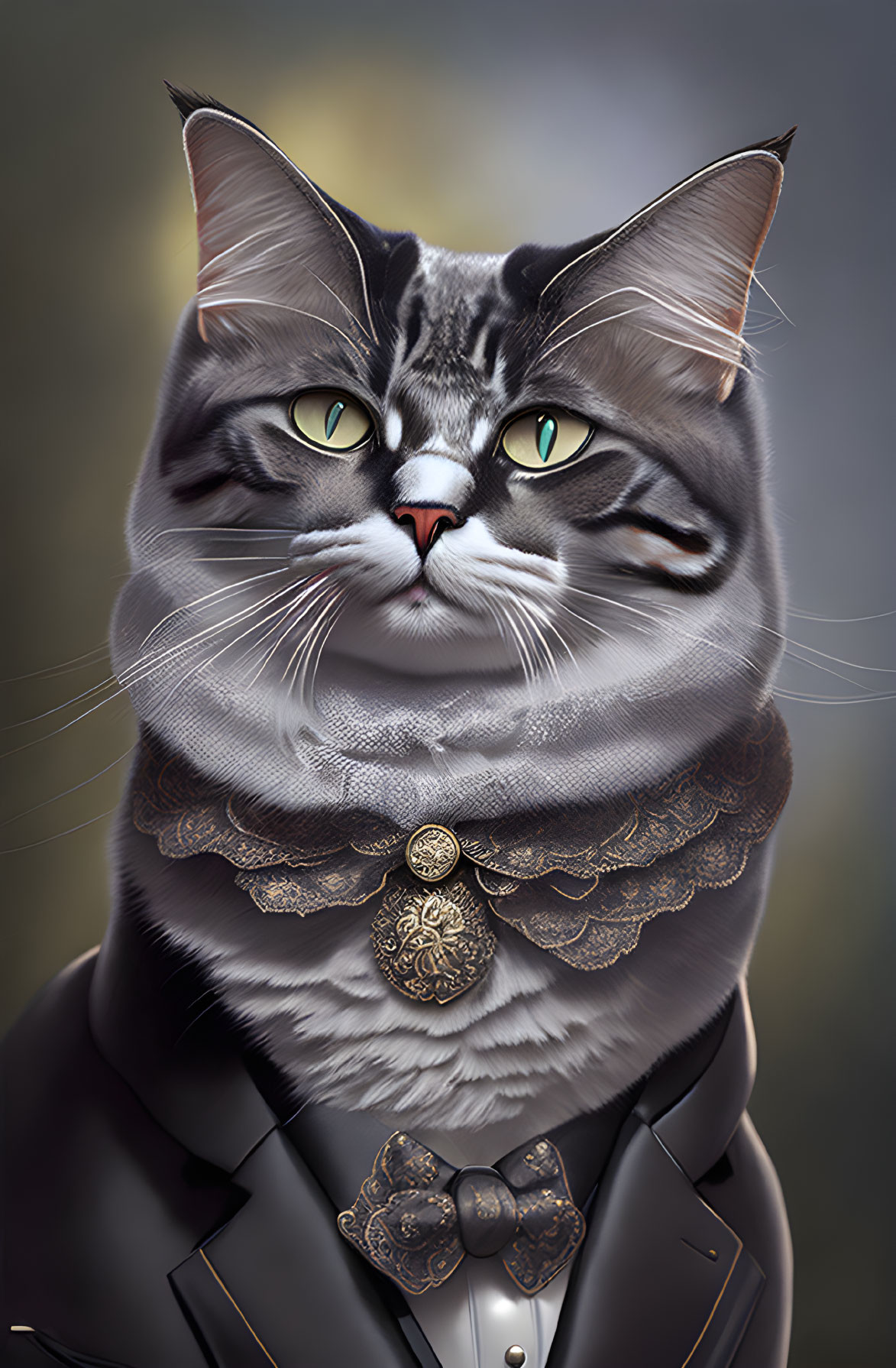 Digital Artwork: Cat in Human Attire with Green Eyes & Grey Fur