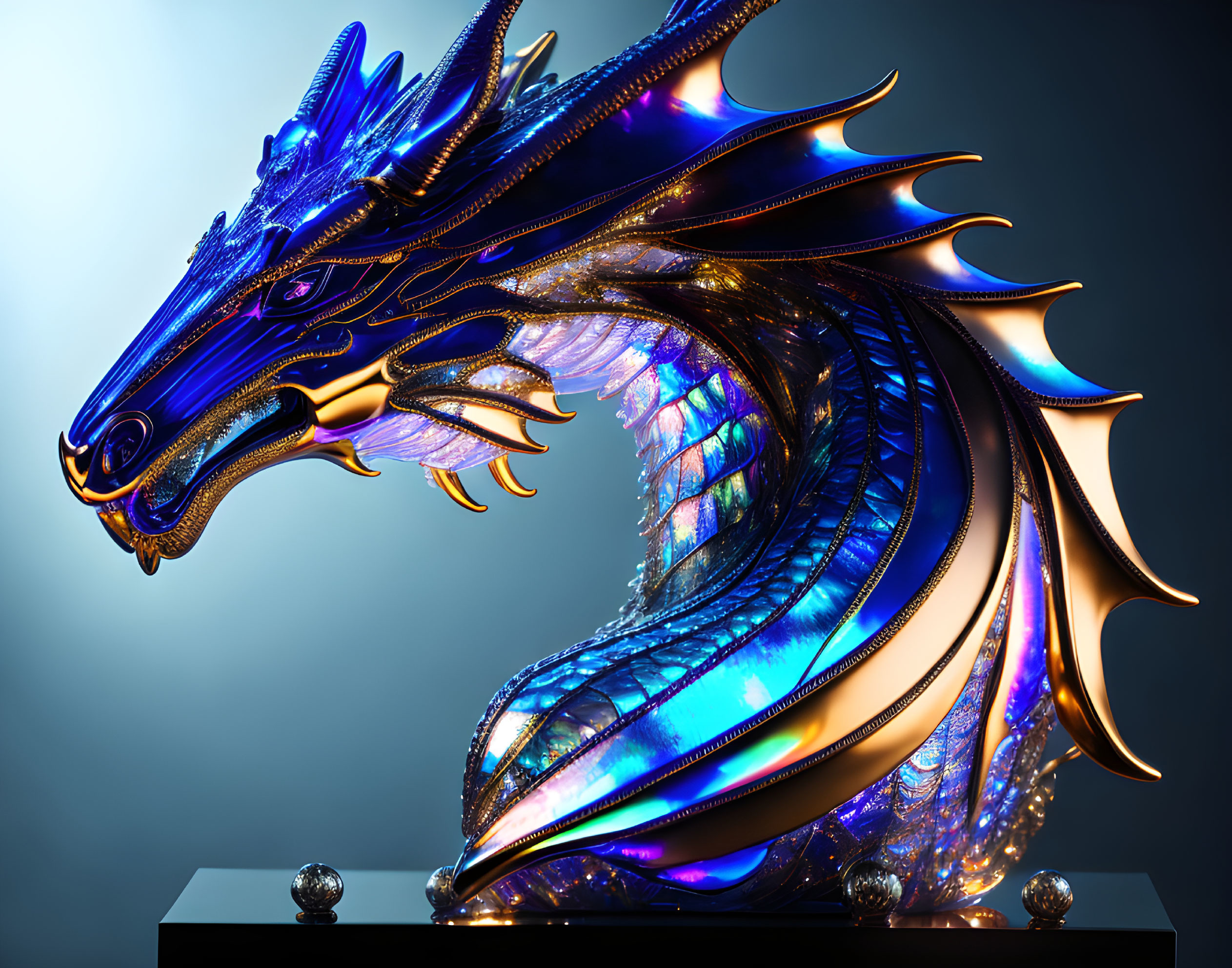 Metallic Blue Dragon Sculpture with Golden Accents and Iridescent Scales