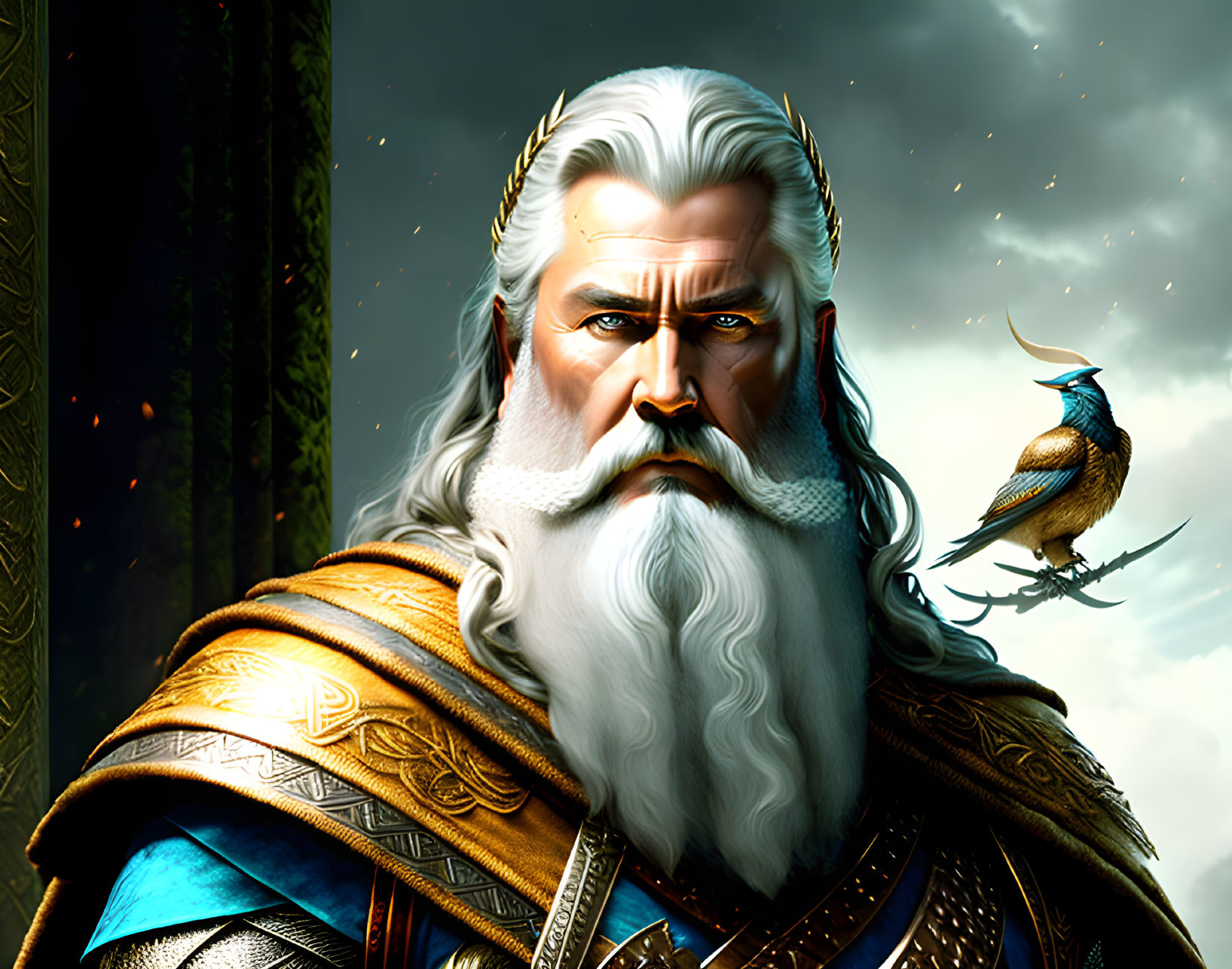 Fantasy king in blue and gold armor with bird illustration