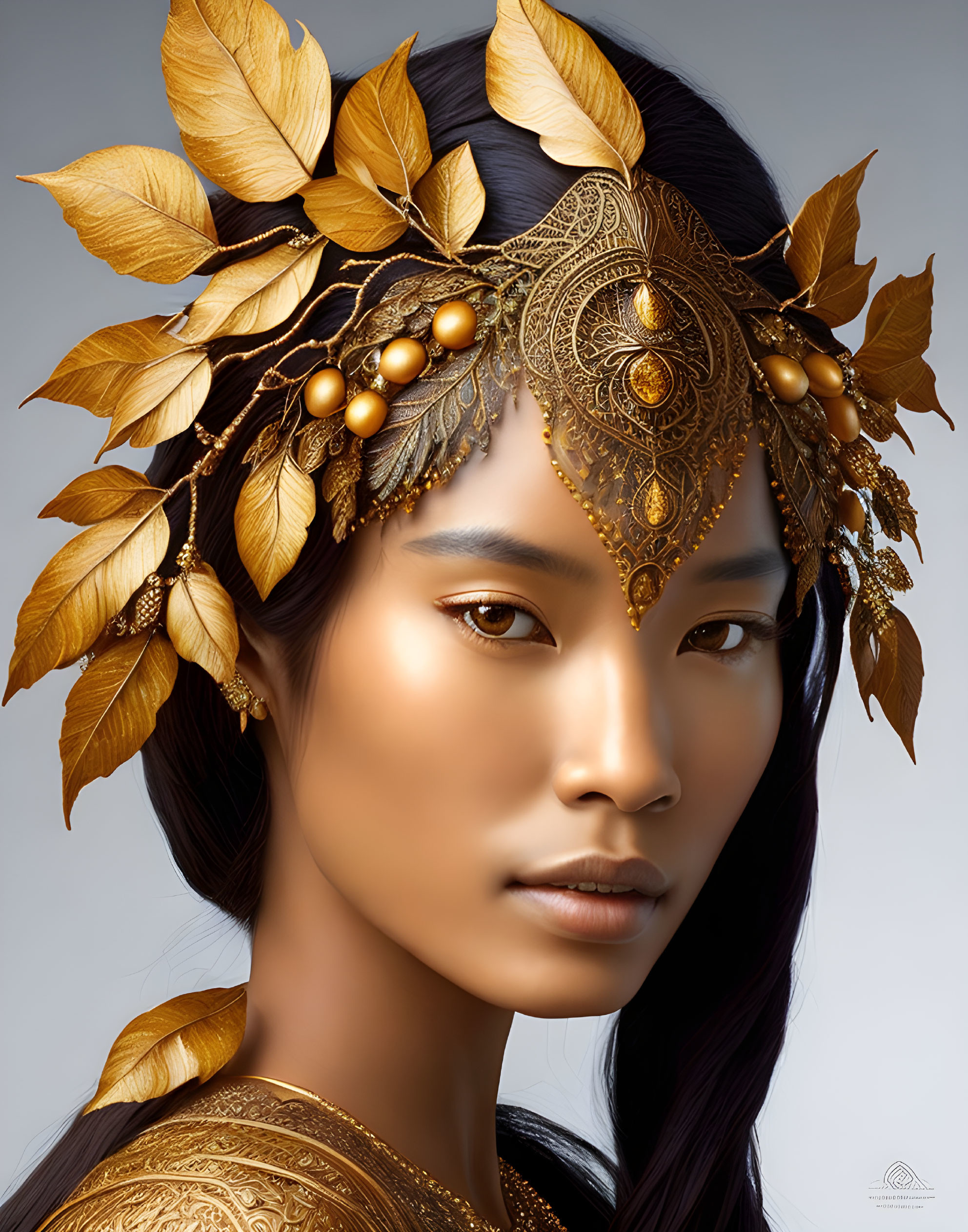 Woman adorned with golden makeup and intricate headpiece with leaves and pearls