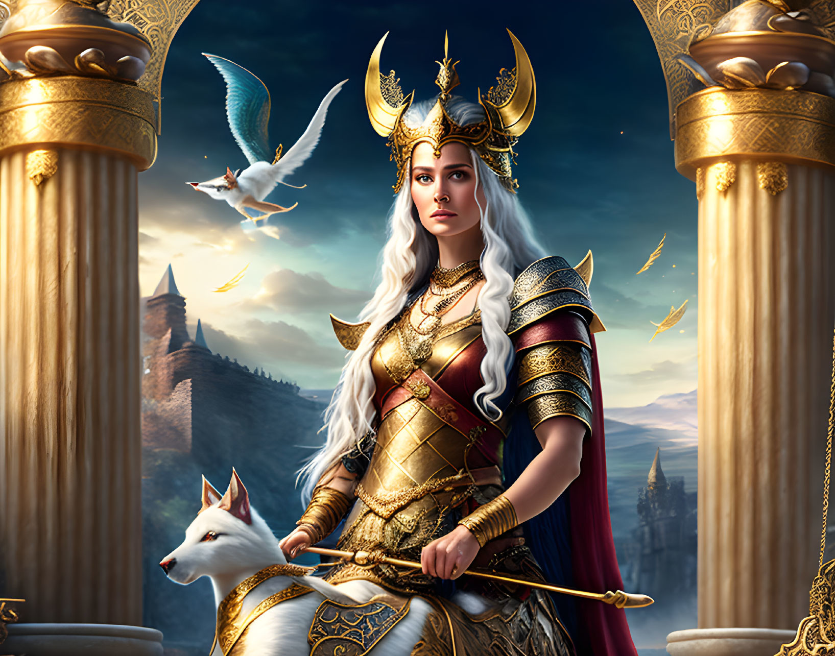 Regal woman in golden armor with white wolf and castle backdrop