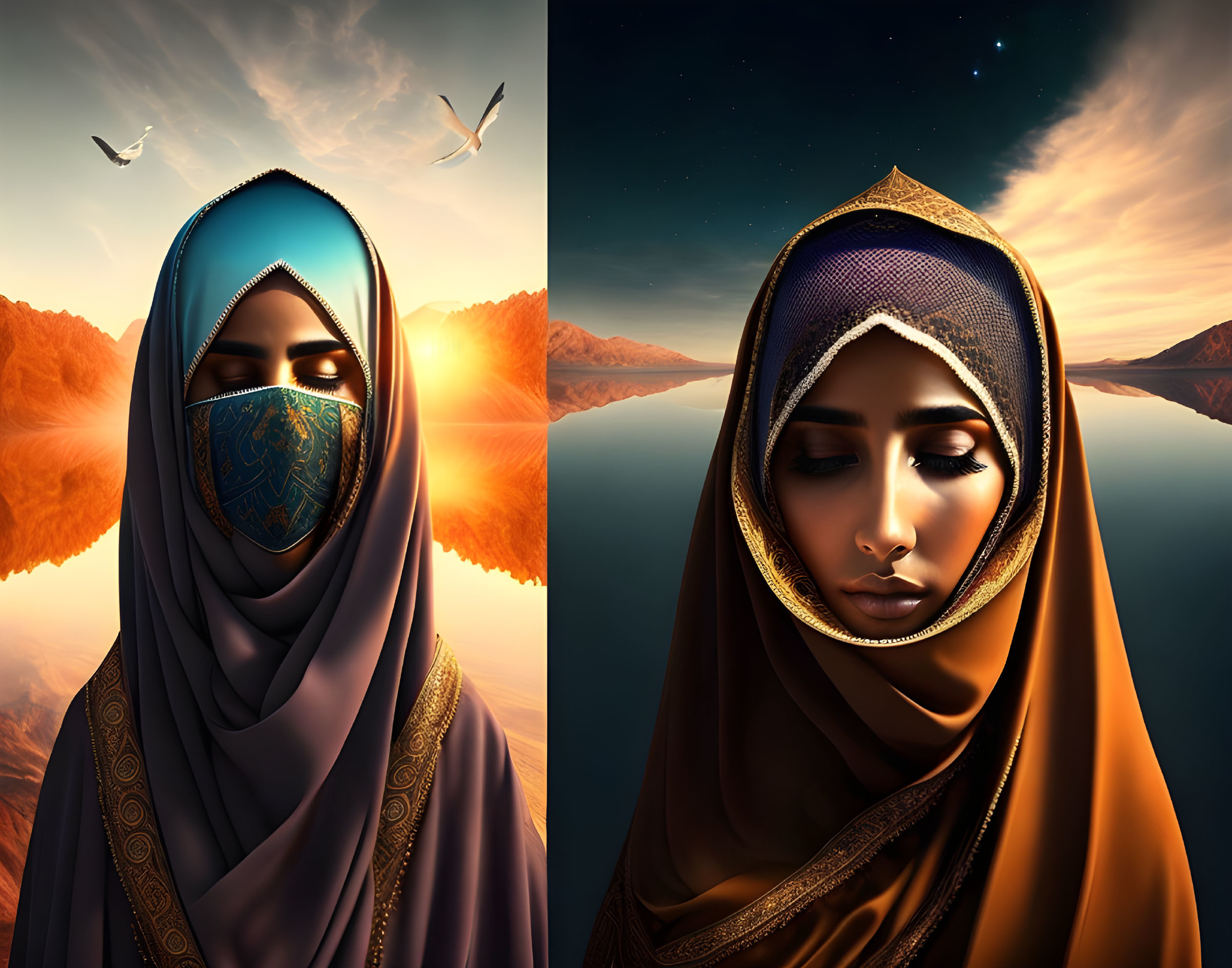 Digital artwork: Veiled woman in hijab split in serene sunset and starry sky