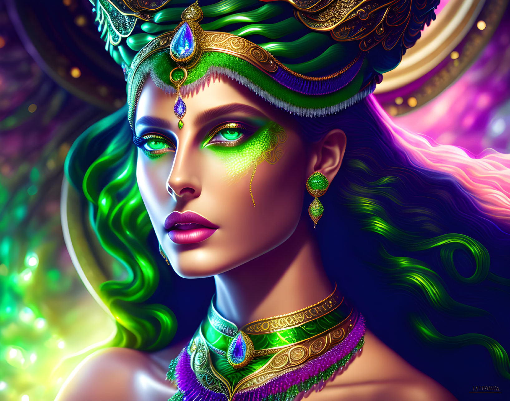 Colorful digital artwork: Woman with green hair in regal attire, gold and emerald jewelry,