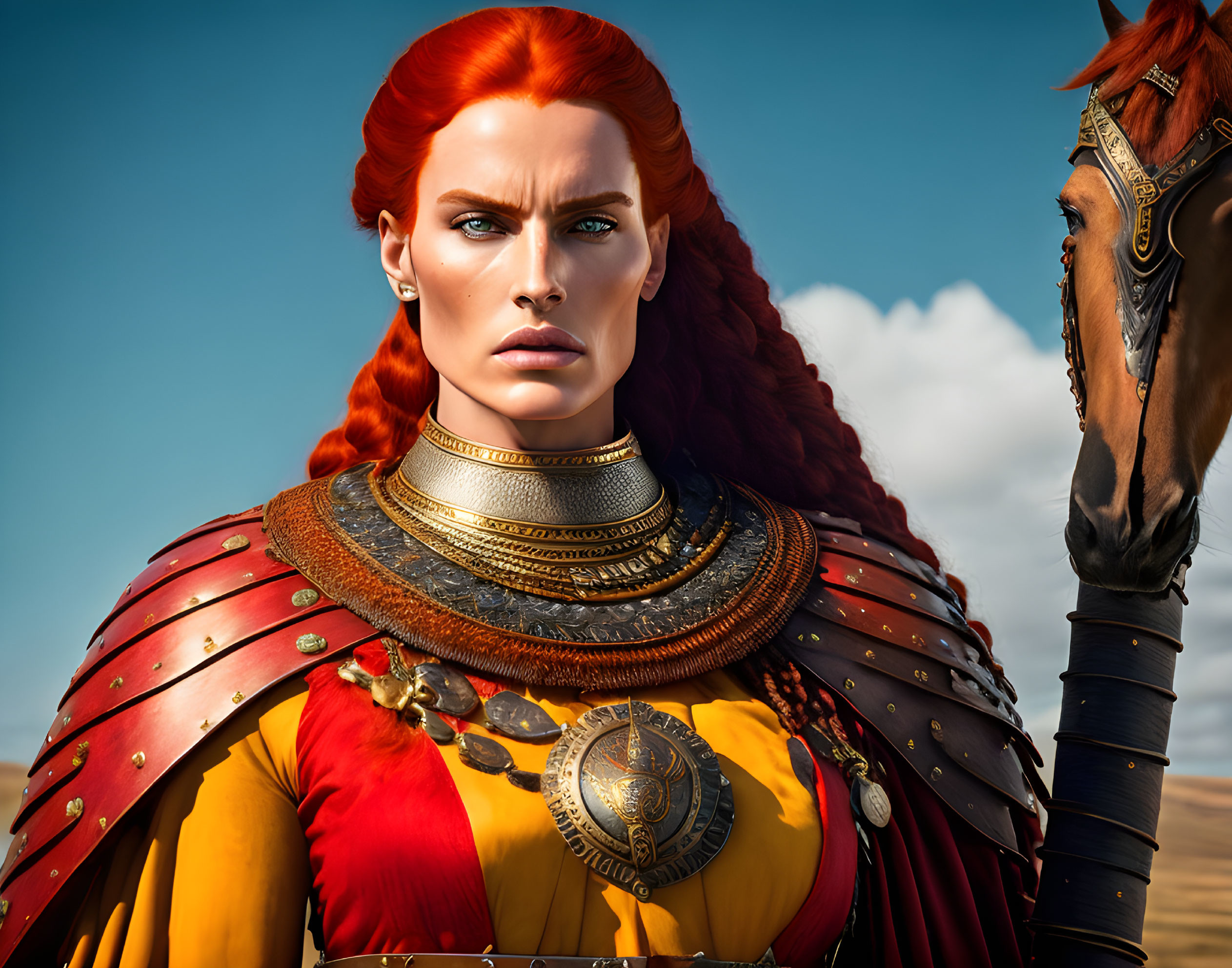 Digital artwork of red-haired woman in armor with horse in desert.