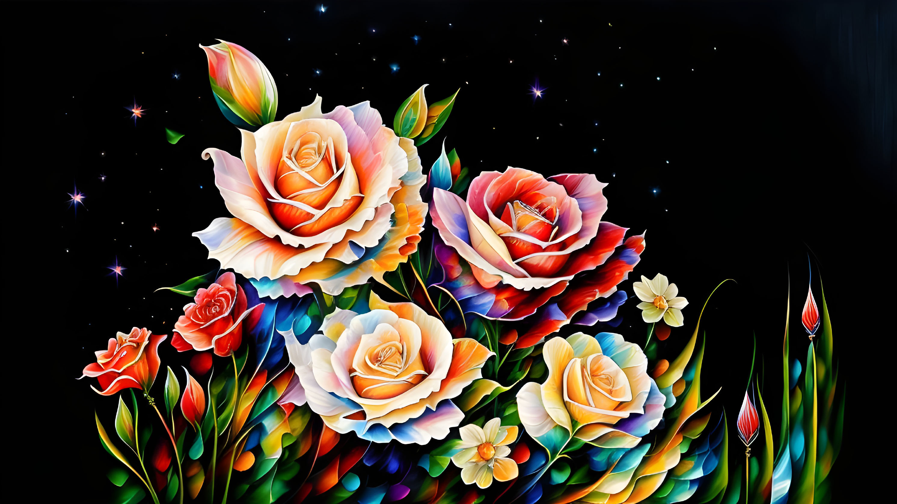 Colorful digital art: Roses, flowers, buds on starry night.