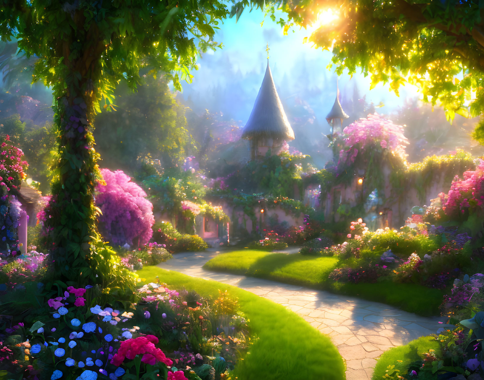 Tranquil forest path with flowers, cottages, and mystical glow