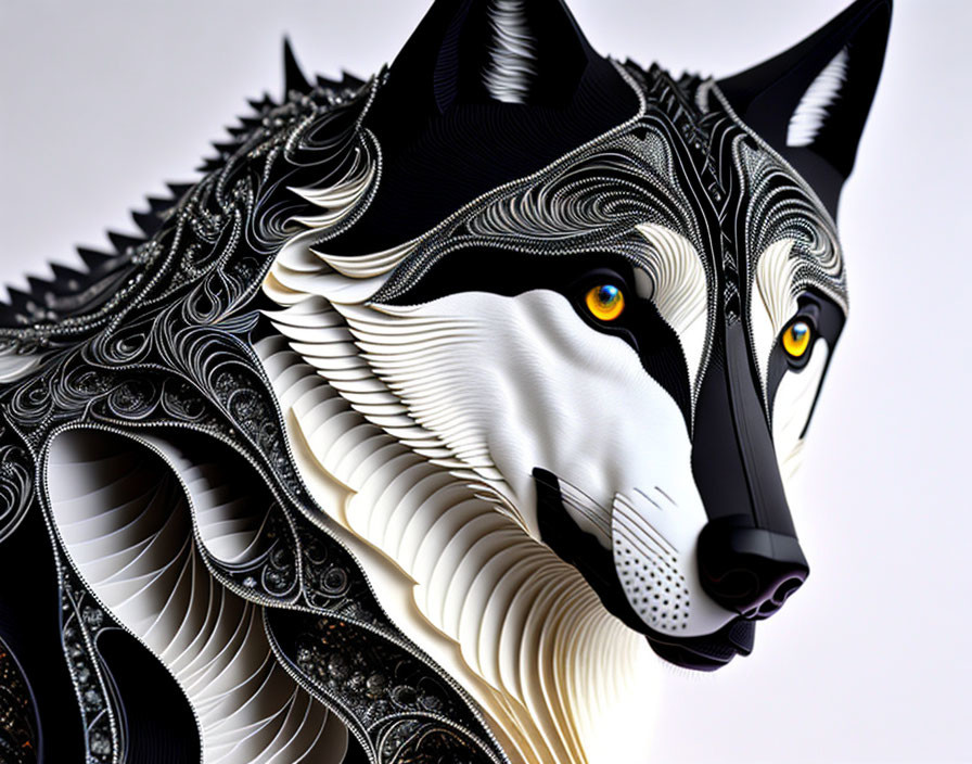 Monochromatic wolf head with vibrant yellow eyes and textured fur details