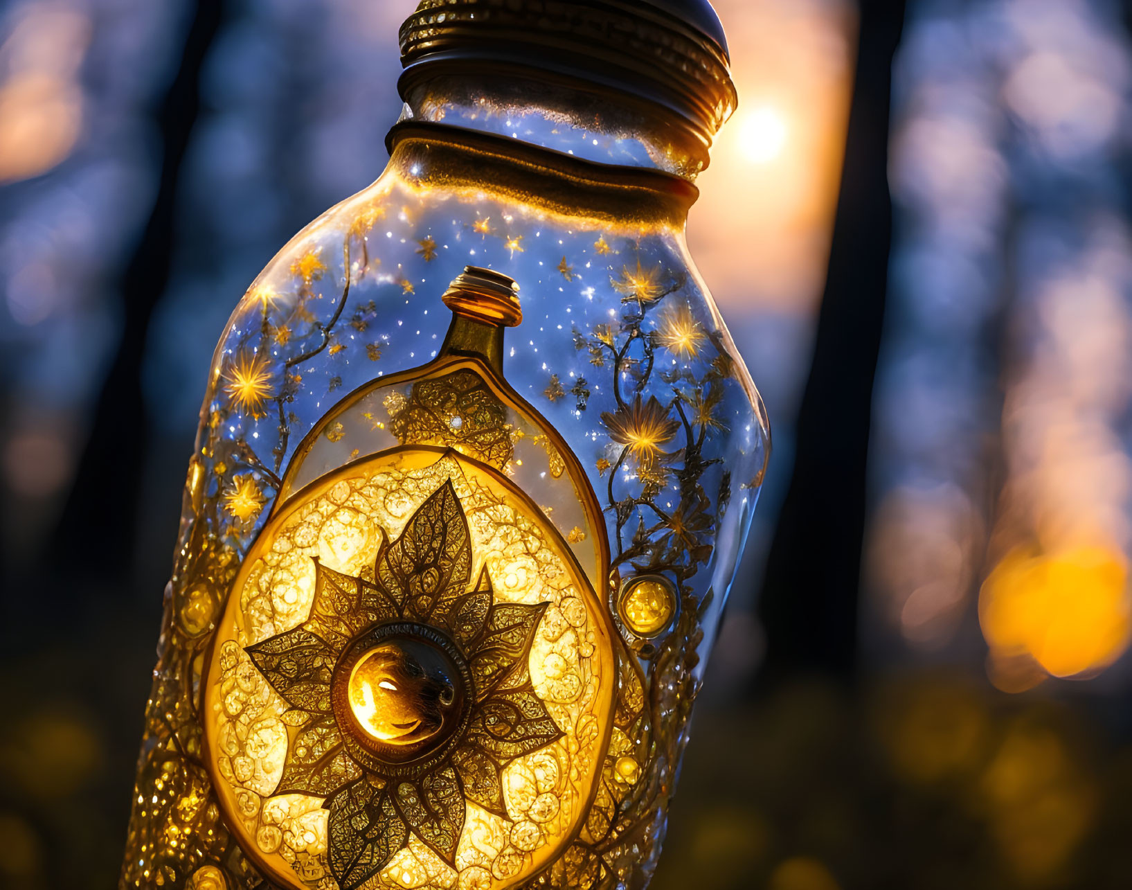 Patterned Glass Jar Glowing in Warm Light