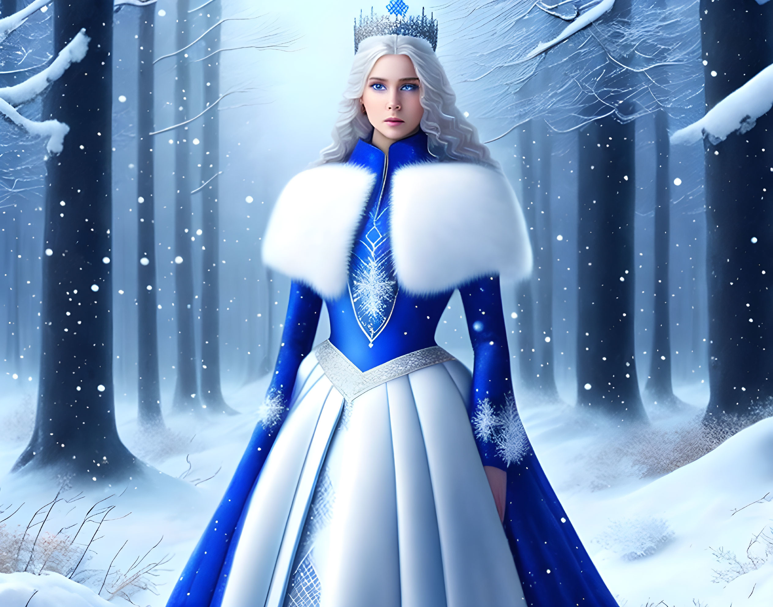 Animated queen in blue & white gown in snowy forest exudes regal presence