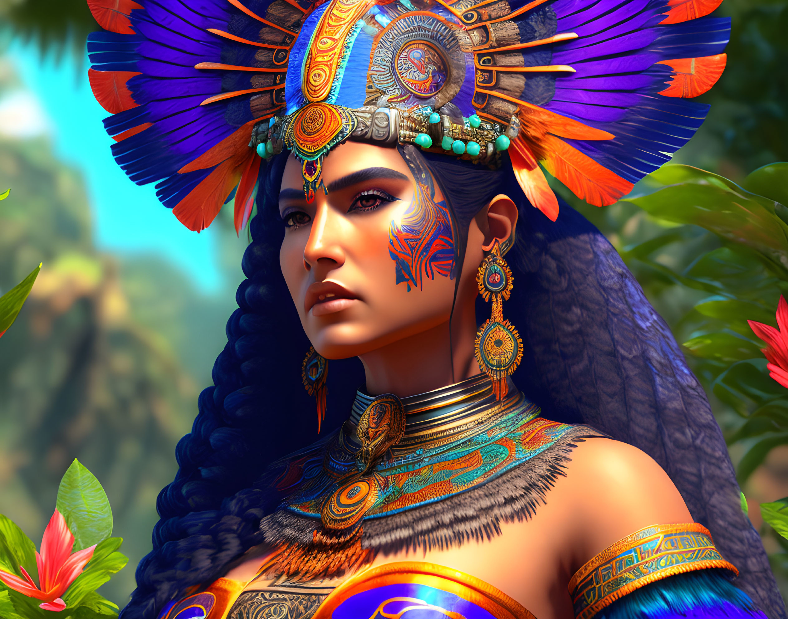 Digital Artwork: Woman with Feather Headdress in Jungle