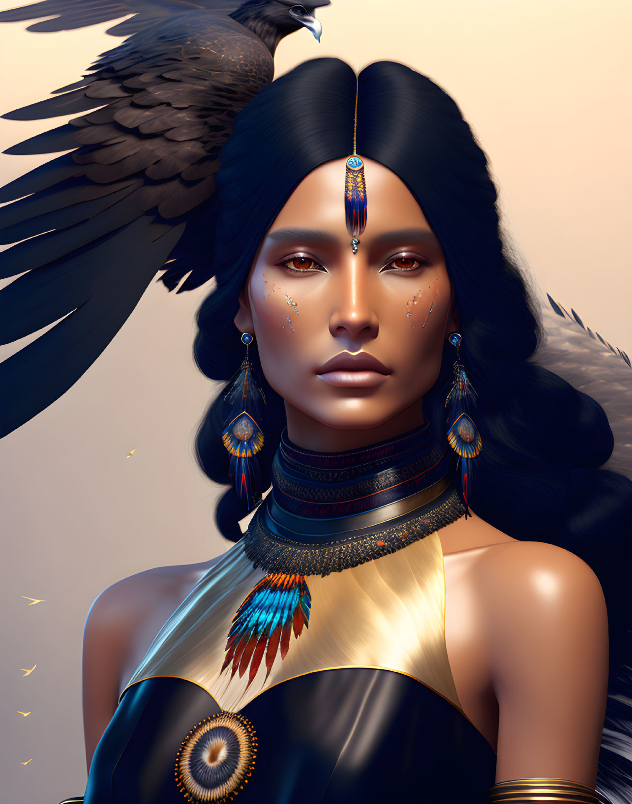 Digital artwork: Woman with crow, Native American-inspired jewelry