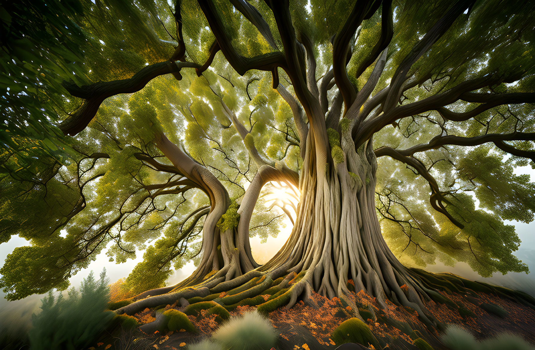 Majestic tree with sprawling roots and thick trunk under vibrant green canopy