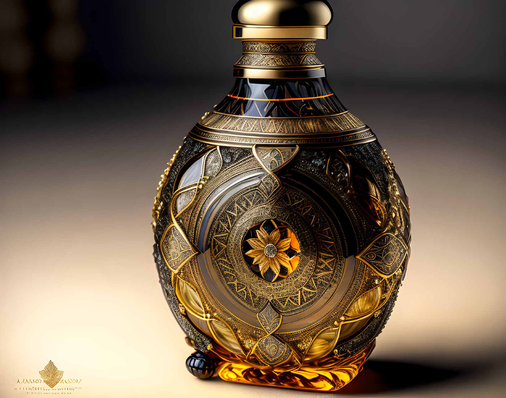 Intricate Gold and Black Glass Perfume Bottle with Crystal Flower on Hazy Background