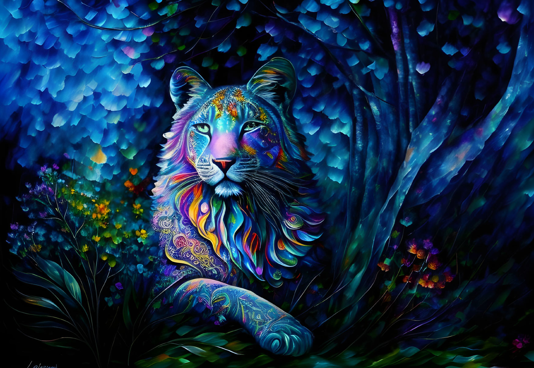 Colorful Tiger Artwork in Enchanted Forest Setting