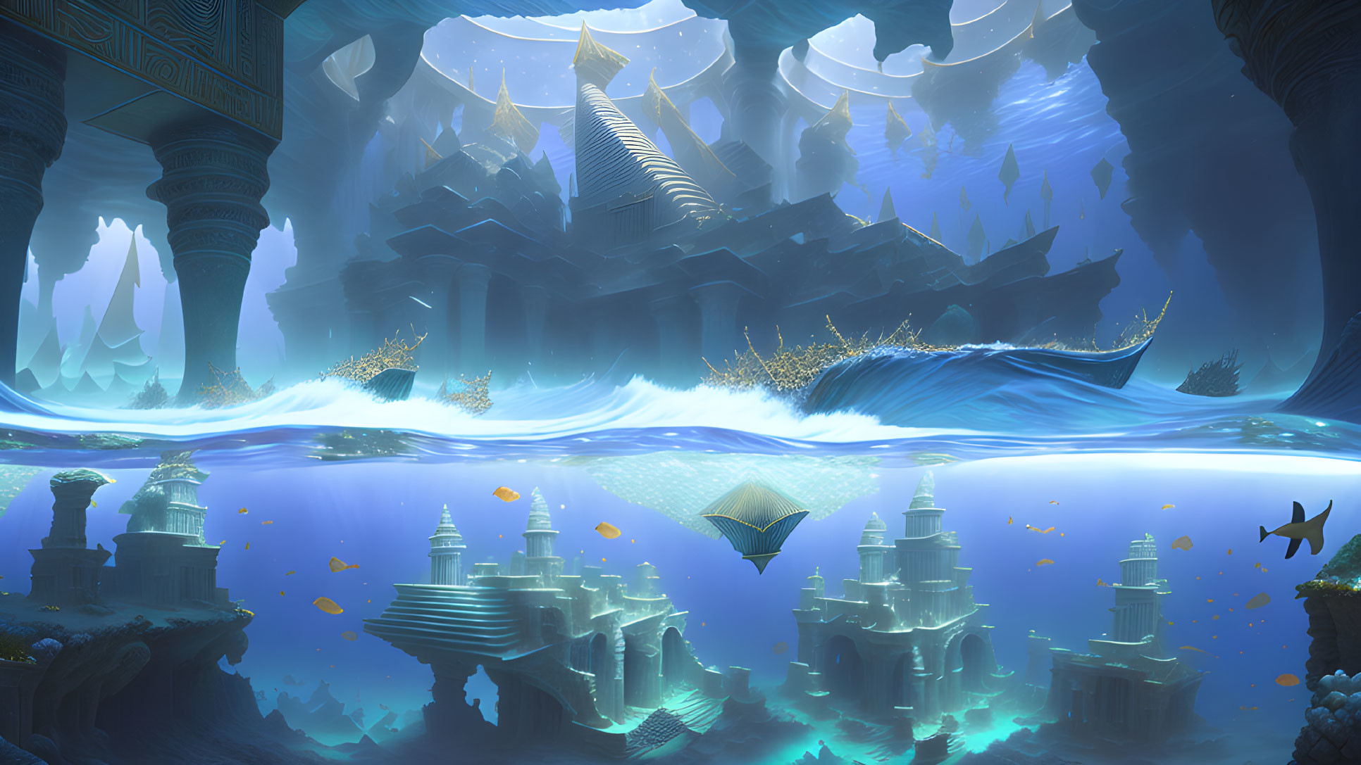 Ethereal underwater city with ancient ruins, soft light, fish, shark, mystical realm divide