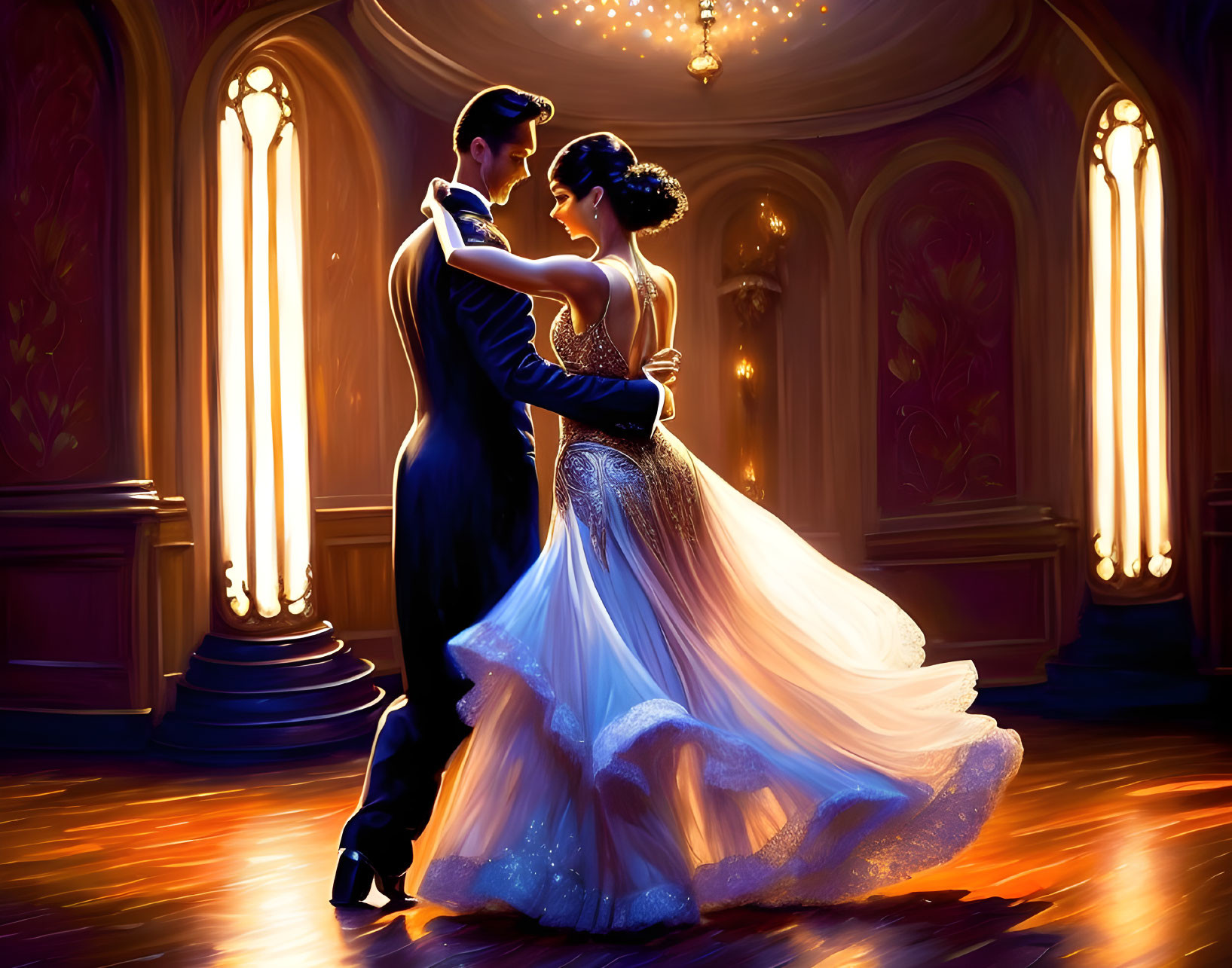 Formal attire couple dancing in grand ballroom with warm lighting