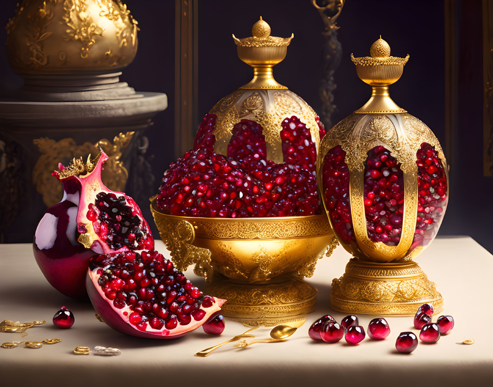 Golden pomegranate vessels with jewels, seeds, and sliced fruit on table.