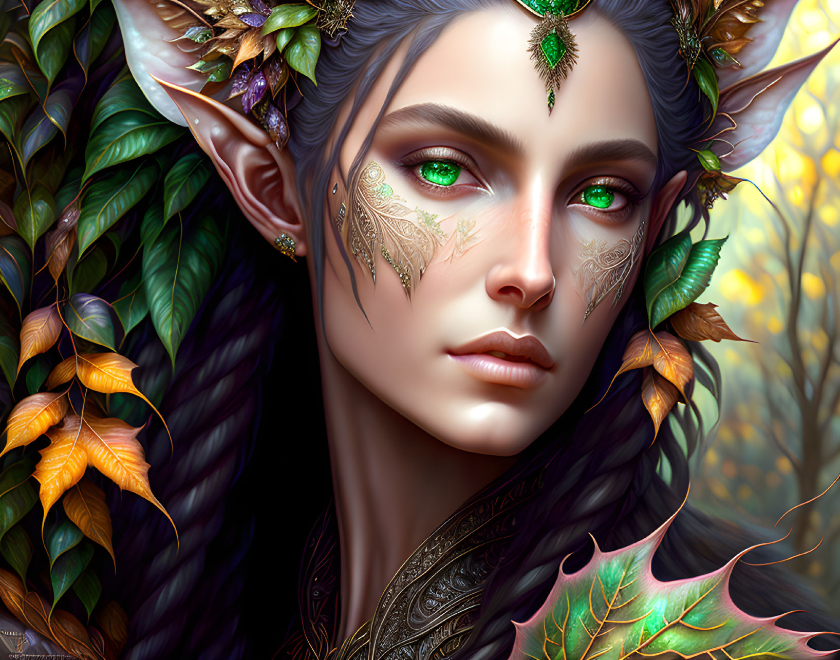 Fantasy portrait: Female elf with pointed ears, green eyes, leaf motifs, autumn background