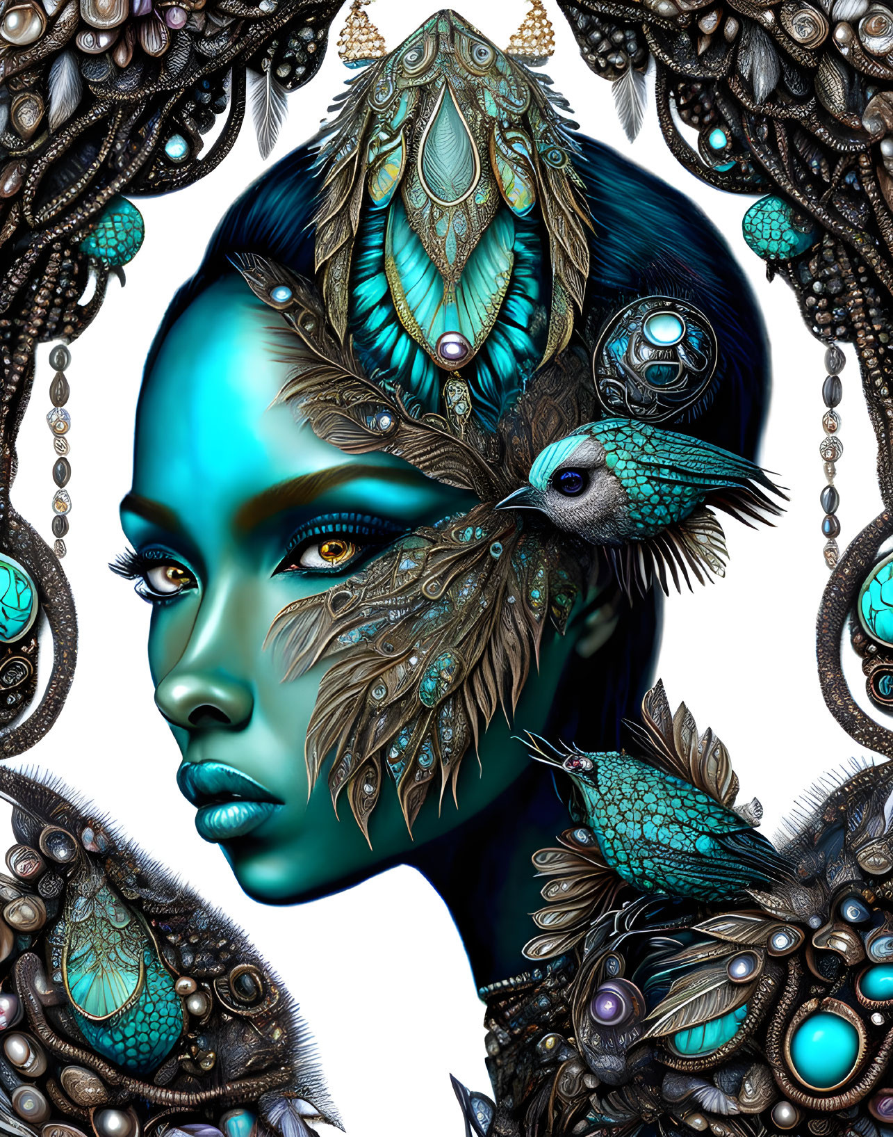 Blue-skinned woman with peacock feather accessories in digital art