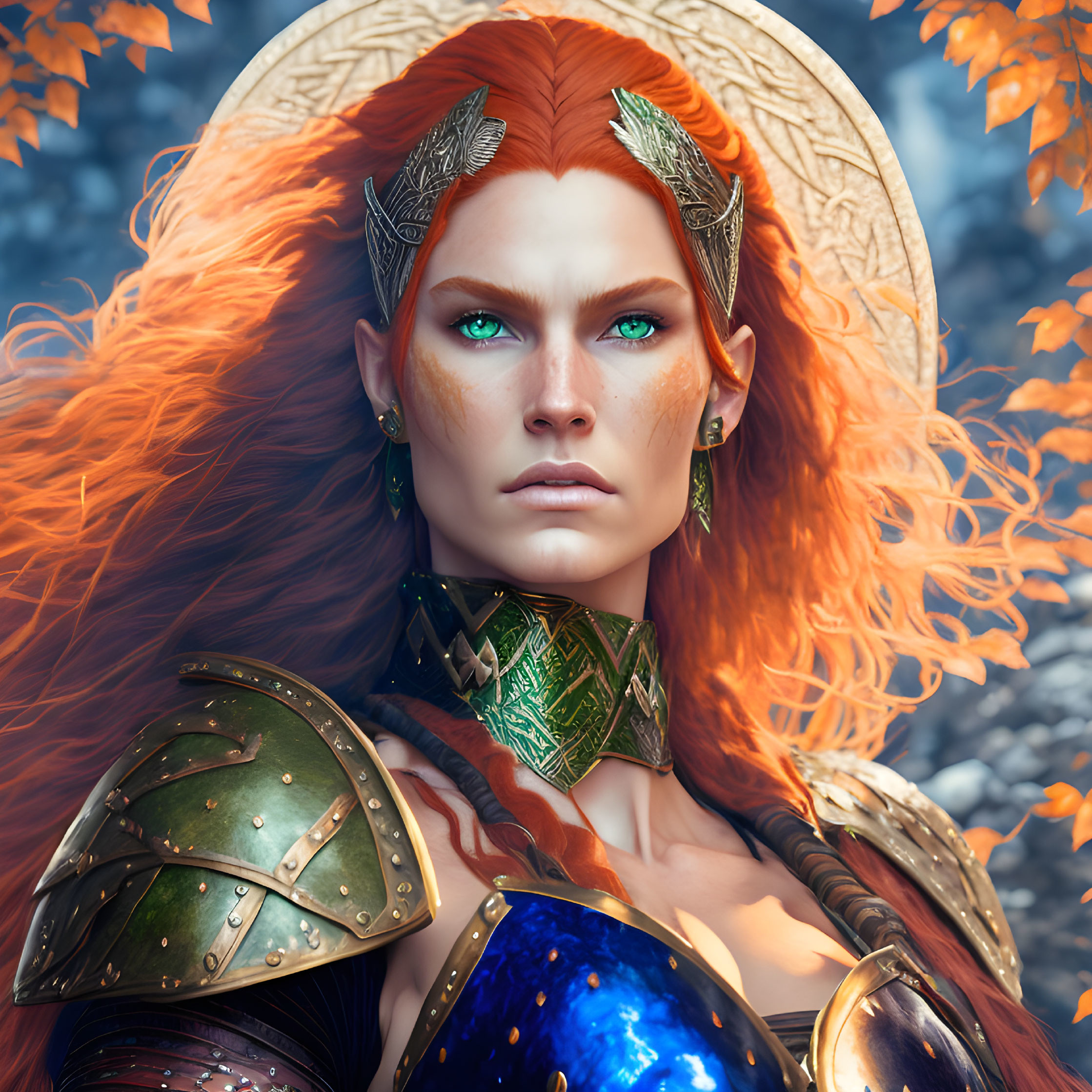 Digital artwork of fierce woman with red hair, green eyes, elven ears, and ornate armor