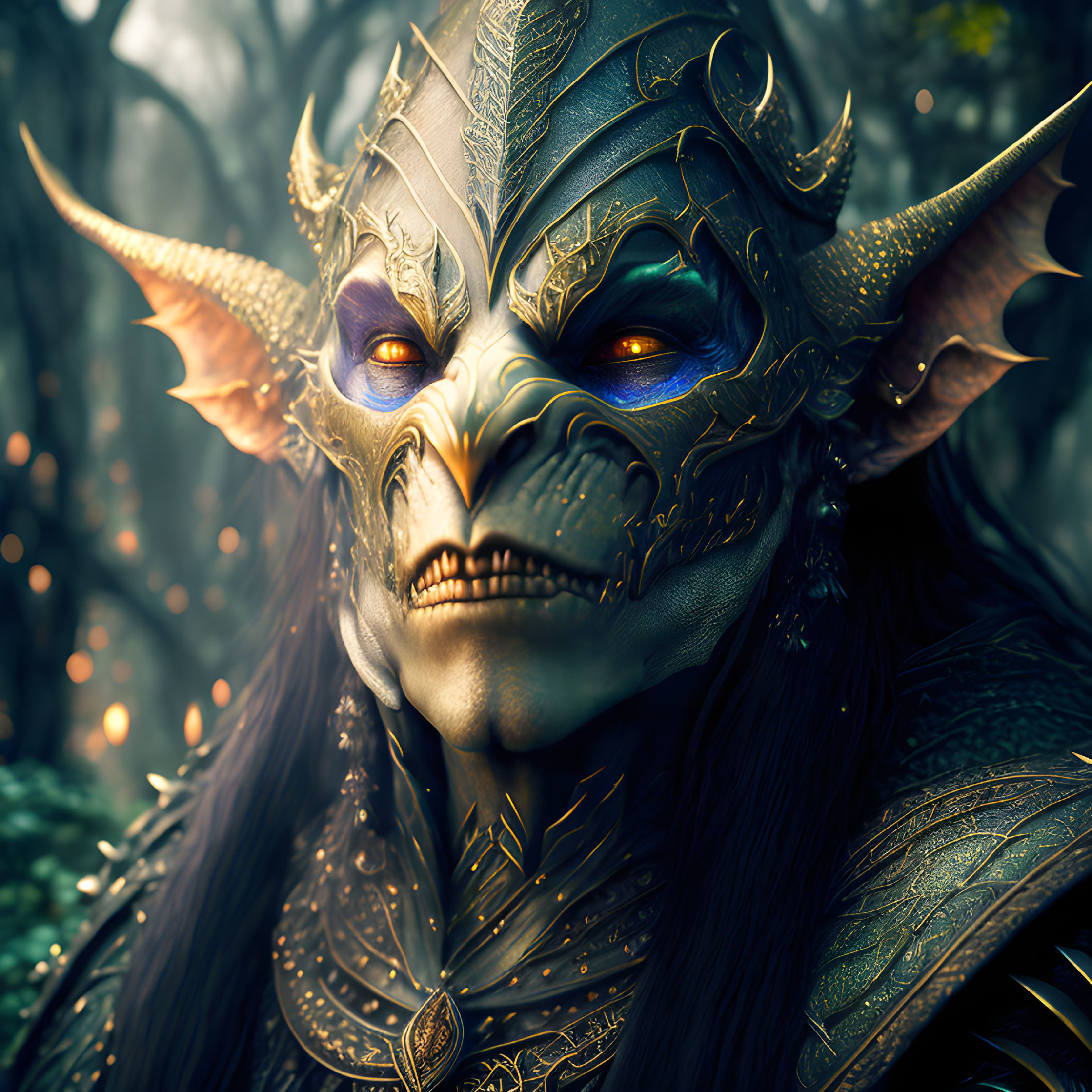 Fantasy character with golden armor and horned mask in mystical forest