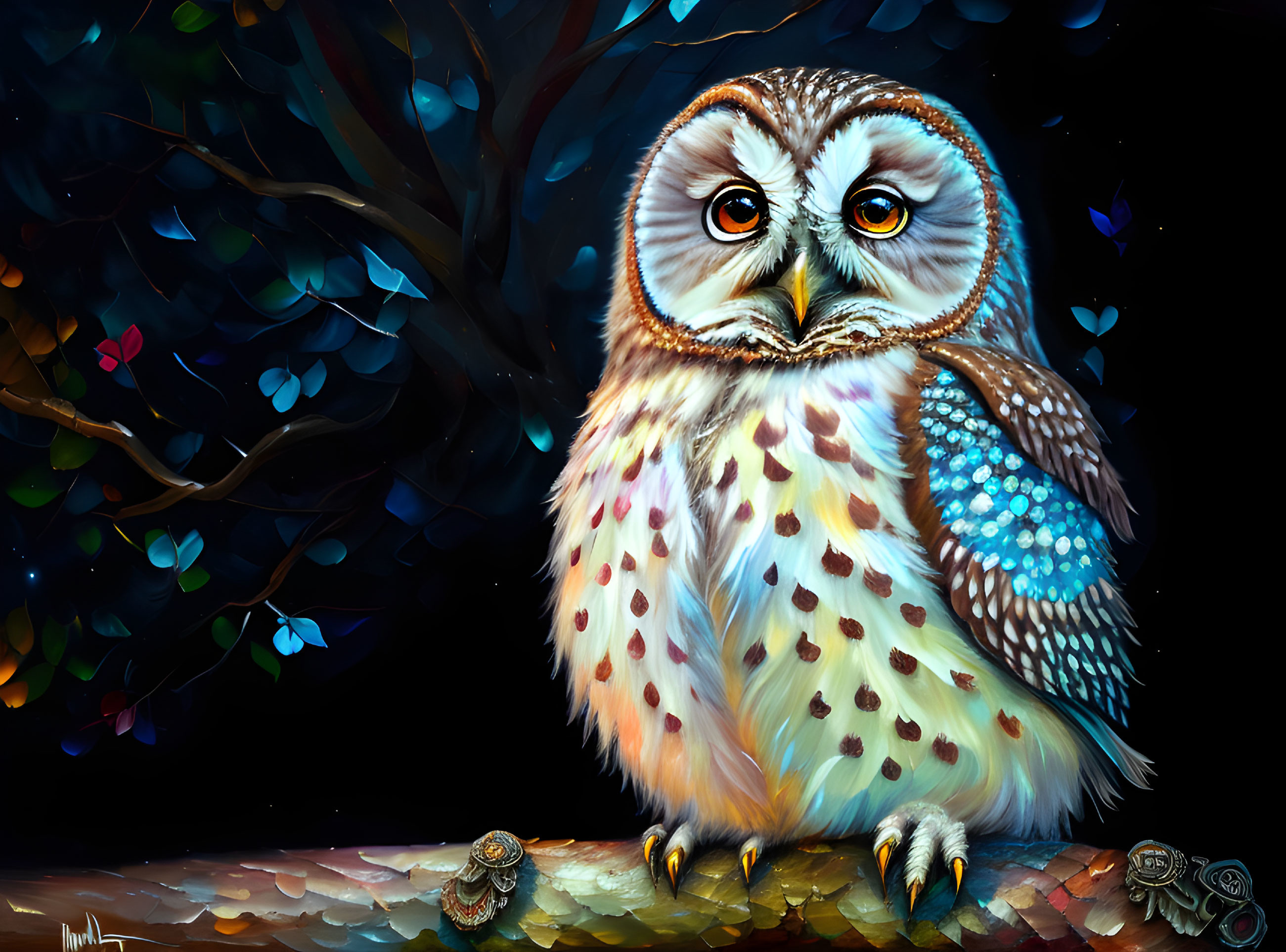 Detailed Owl Perched on Branch with Colorful Foliage