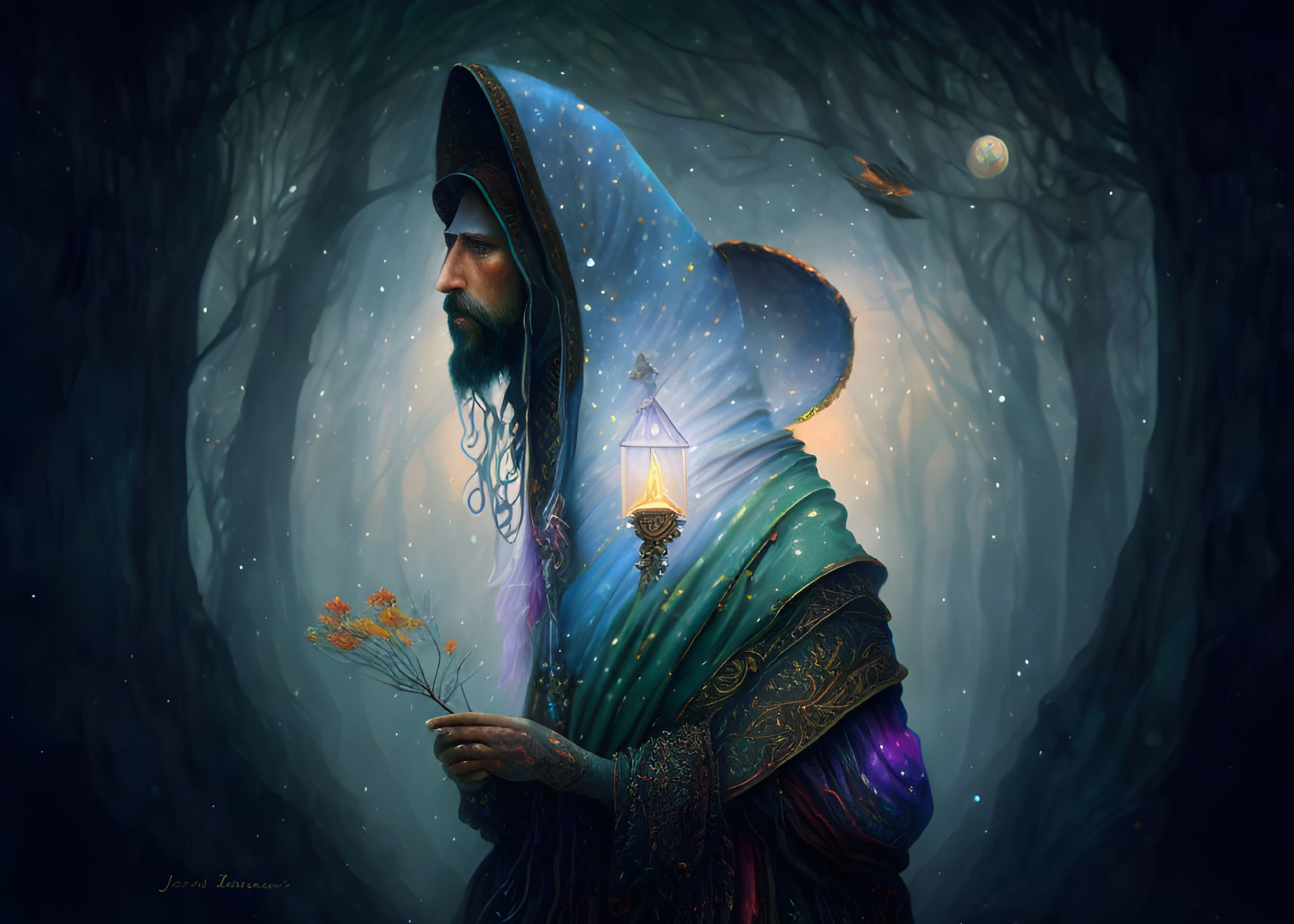 Bearded Figure in Hooded Cloak with Lantern and Flowers in Mystical Forest