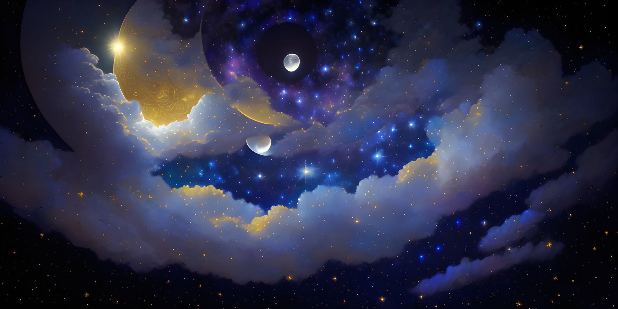 Surreal cosmic digital artwork: crescent moon, planets, stars, nebulae in blue