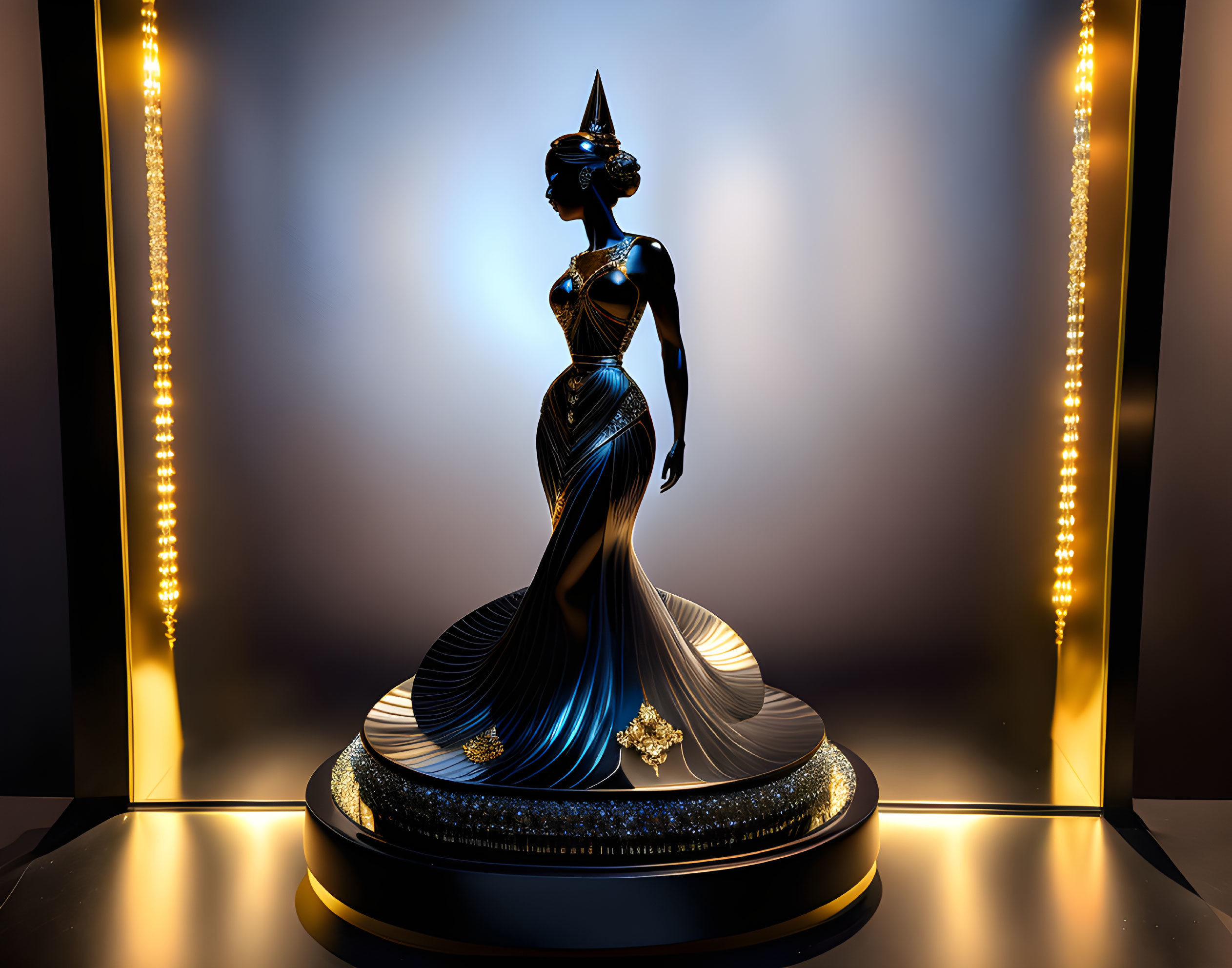 Stylized woman sculpture in long dress and headdress on pedestal with dramatic lighting