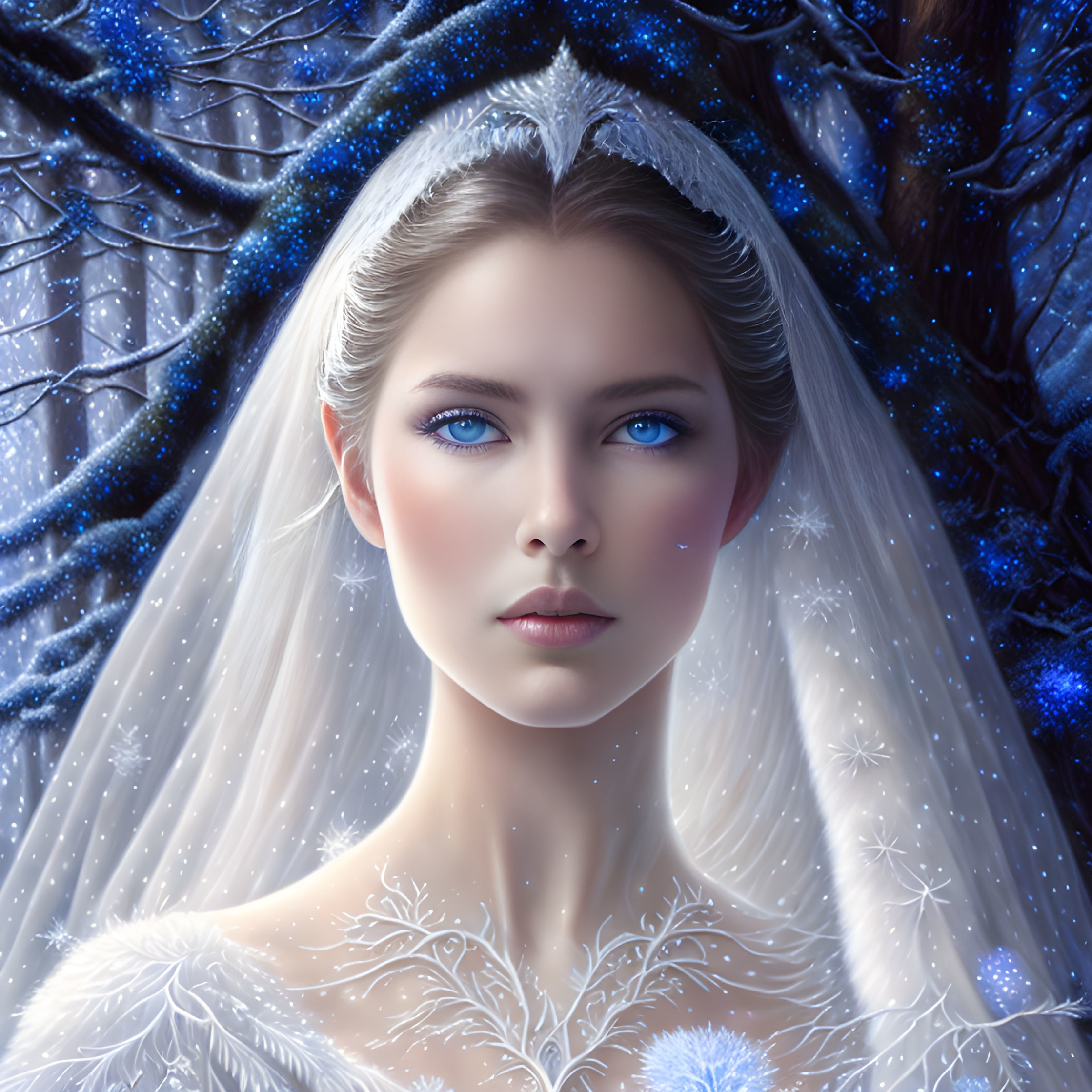 Digital artwork of woman with blue eyes in winter attire and crown against frosty tree.