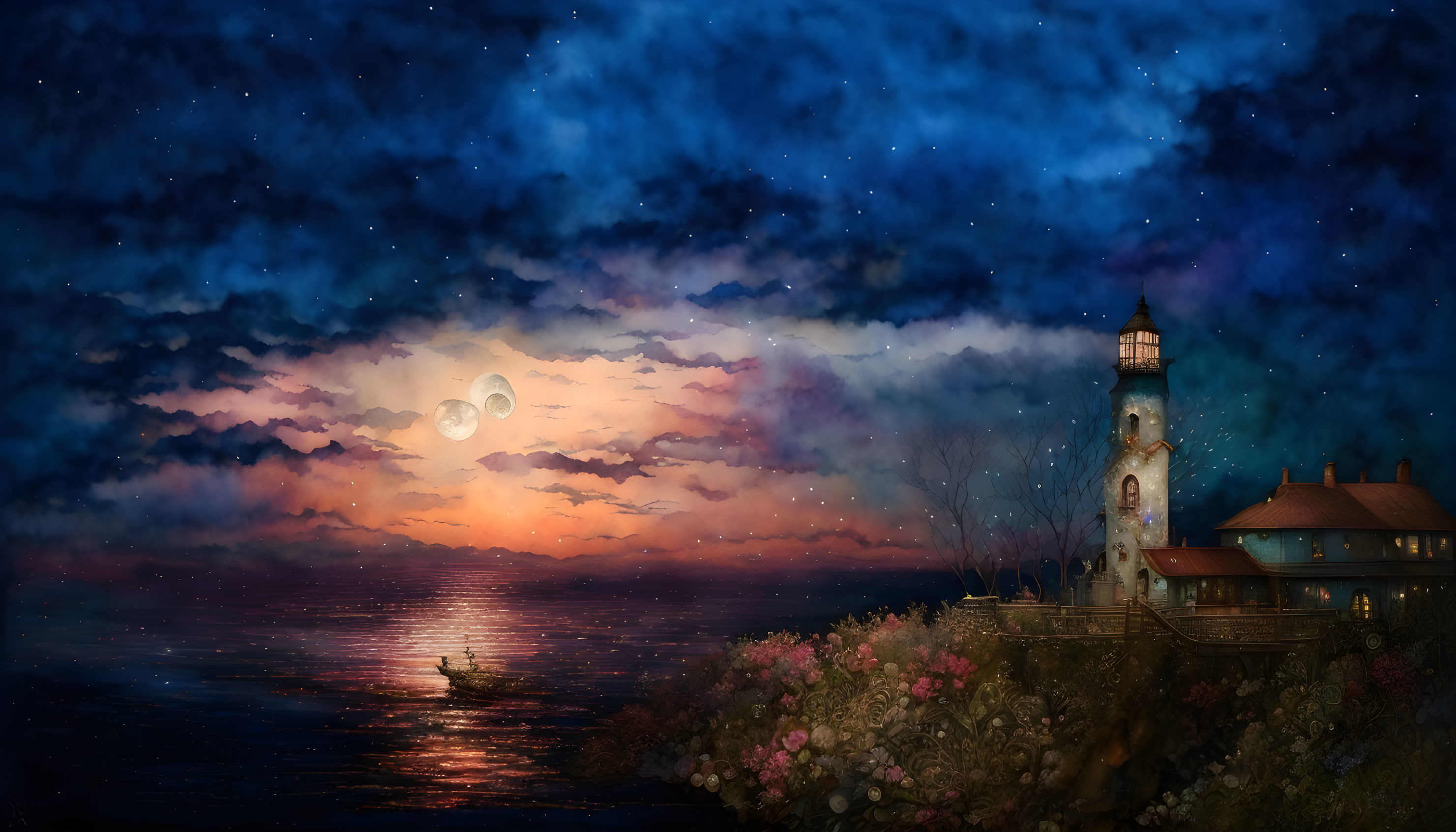 Lighthouse by the Sea at Dusk with Boat, Flowers, and Starry Sky