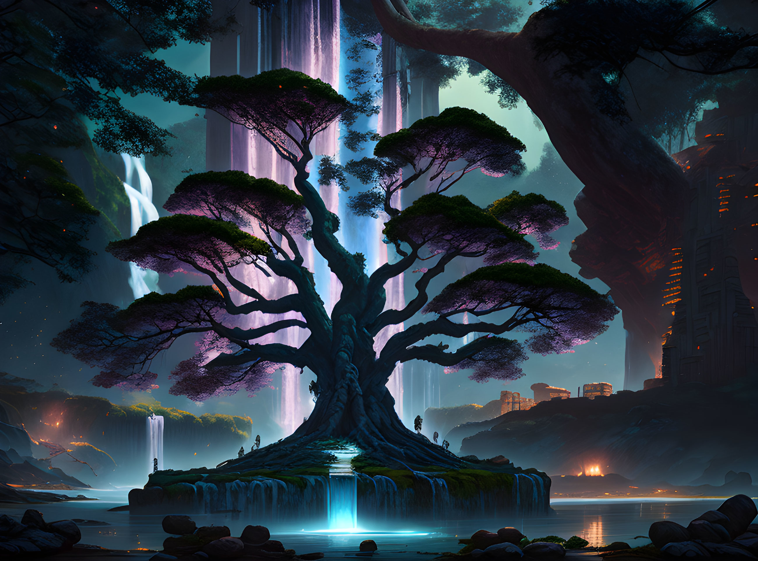 Majestic tree with glowing leaves in mystical forest with waterfalls and ancient ruins