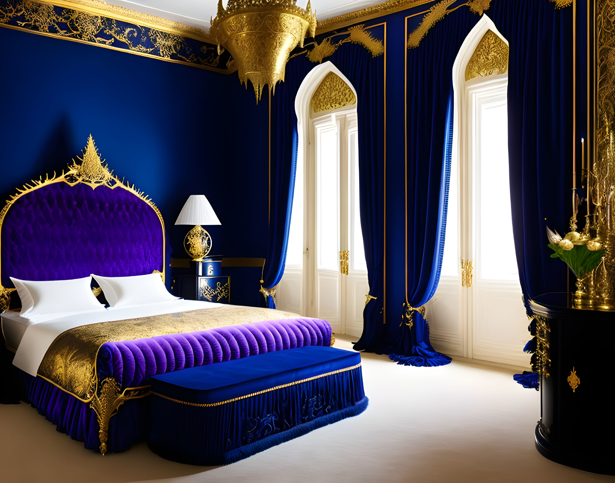 Luxurious Royal Blue Bedroom with Gold Accents