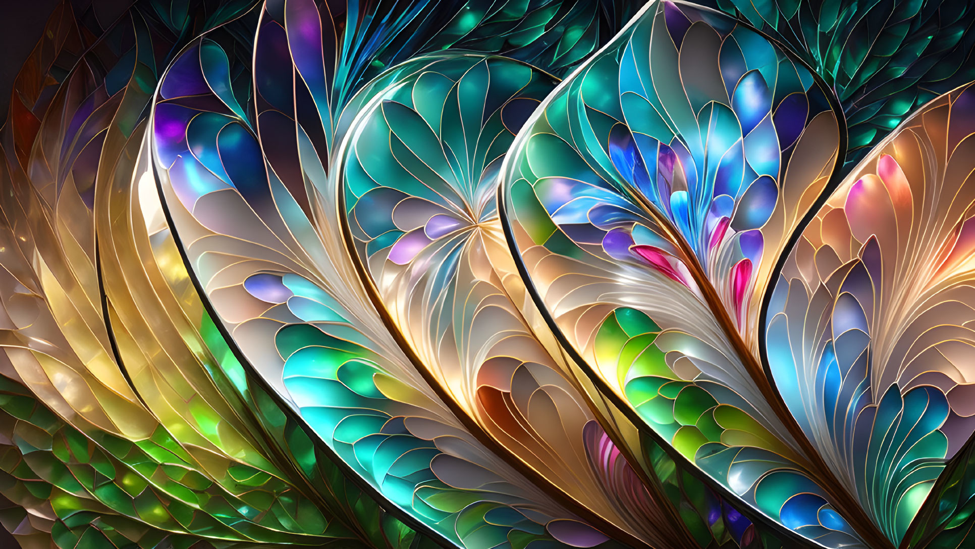 Vibrant metallic feather-like shapes in abstract image