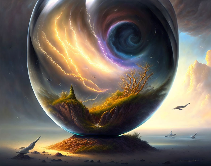 Fantastical landscape with floating orb and cosmic scene above serene waterfront