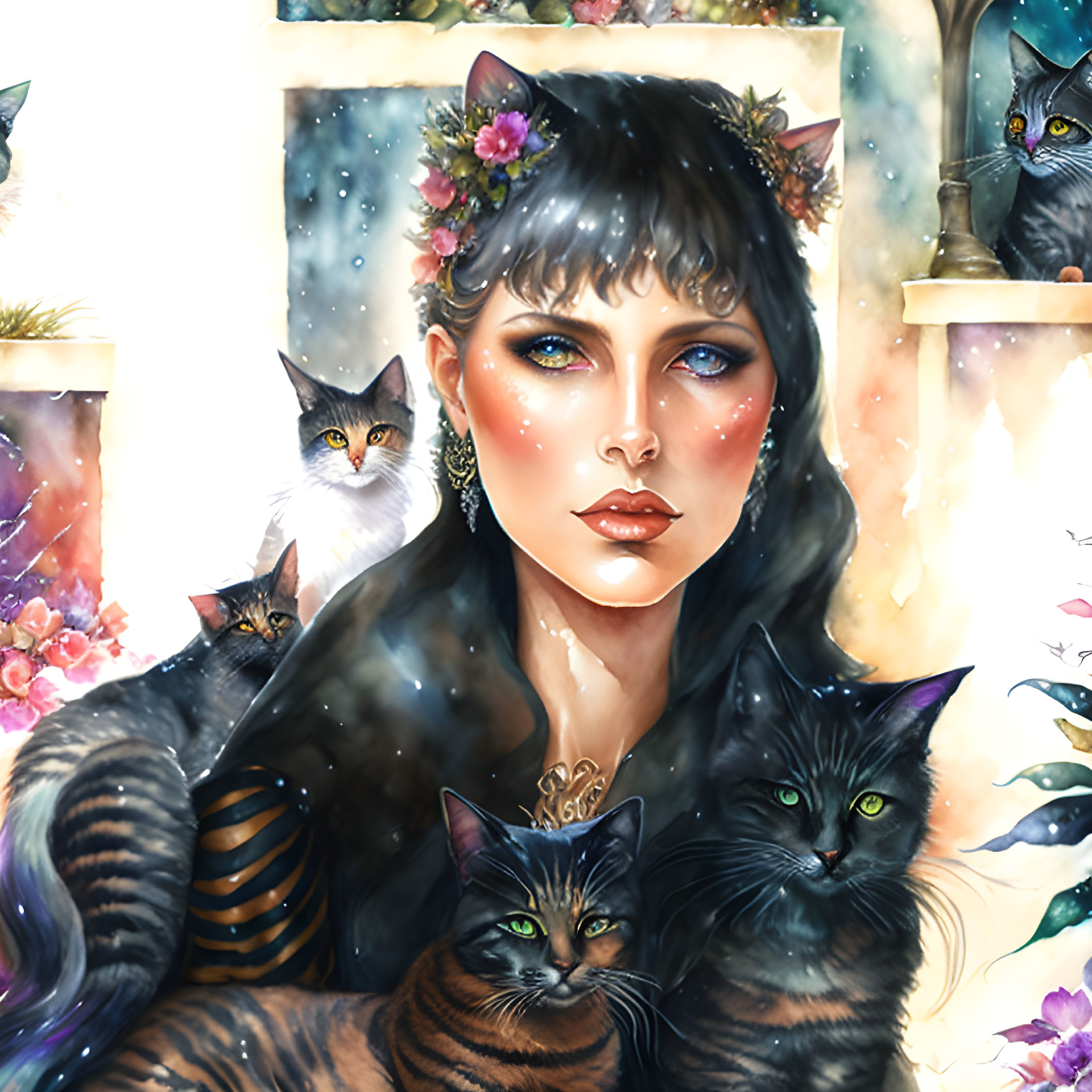 Mystical Woman Surrounded by Cats in Vibrant Fantasy Art