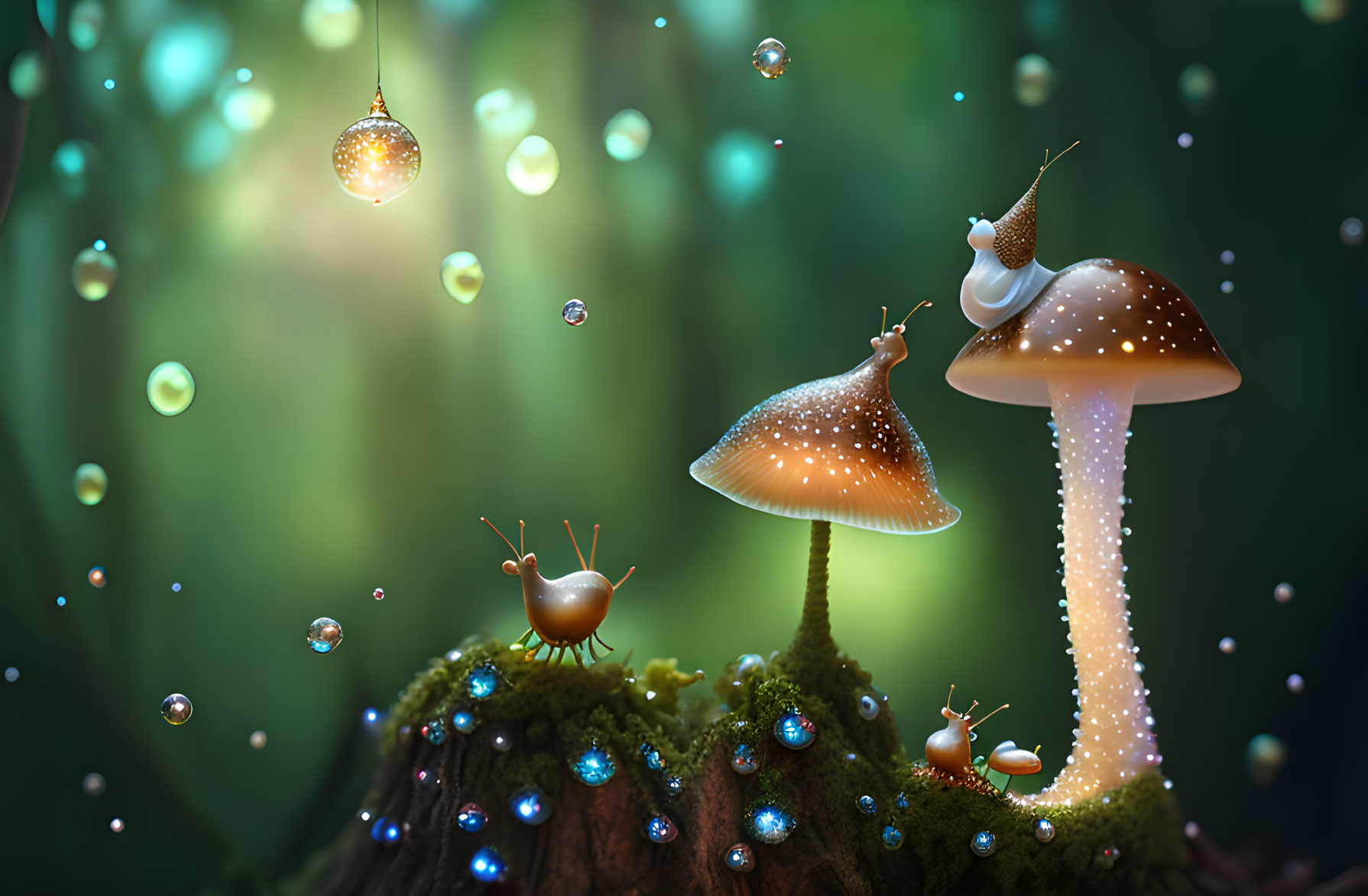 Snails on Glowing Mushrooms in Enchanted Forest Scene