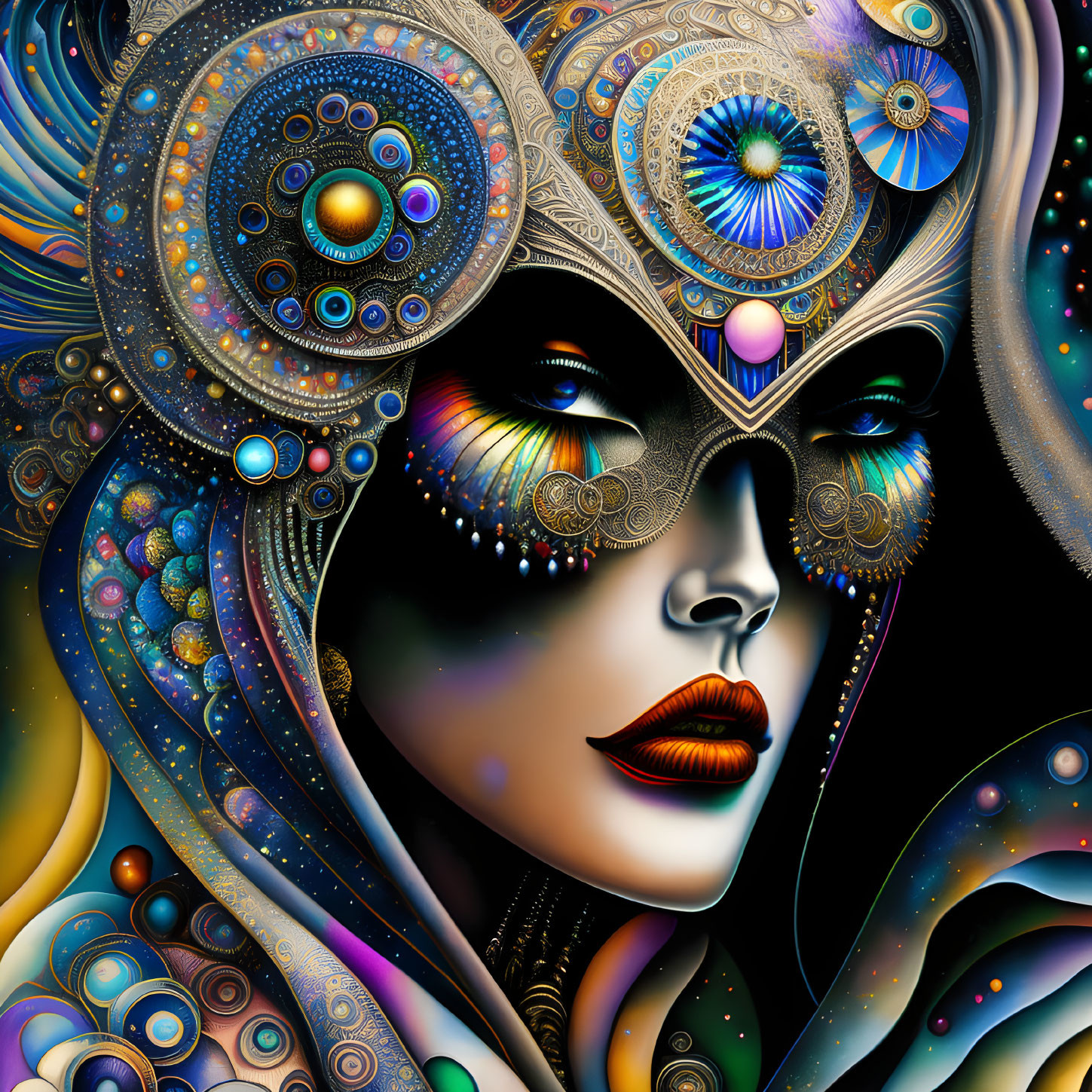 Vibrant digital art: stylized woman with cosmic motifs and decorative patterns.