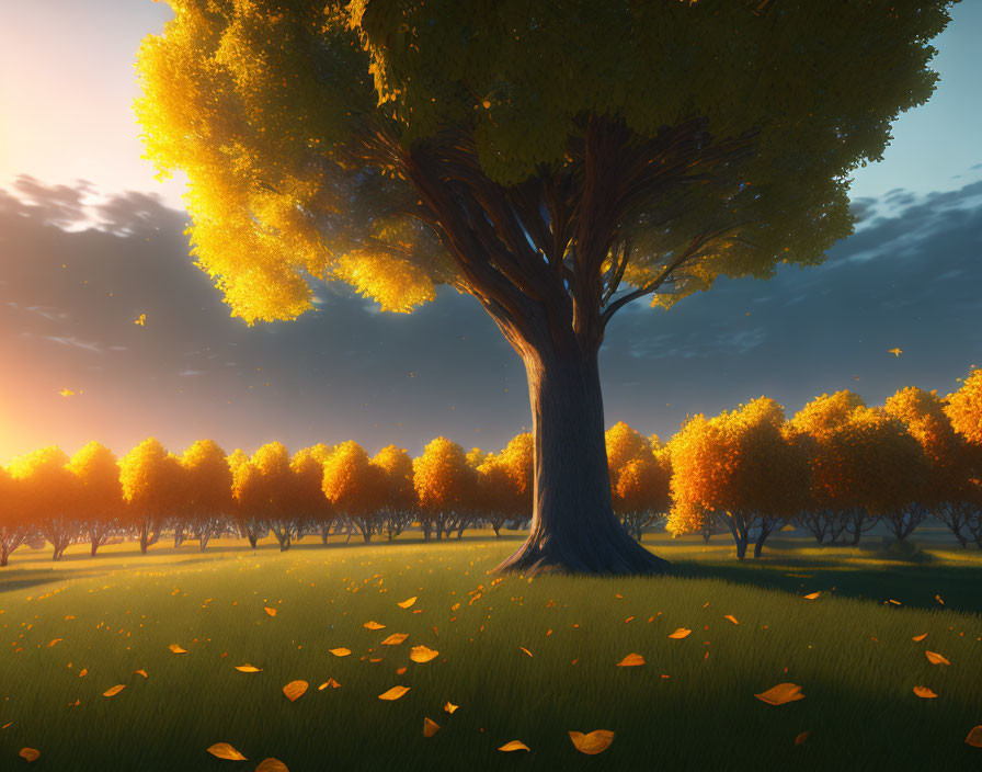 Autumn landscape with majestic tree and golden leaves under warm sunset sky